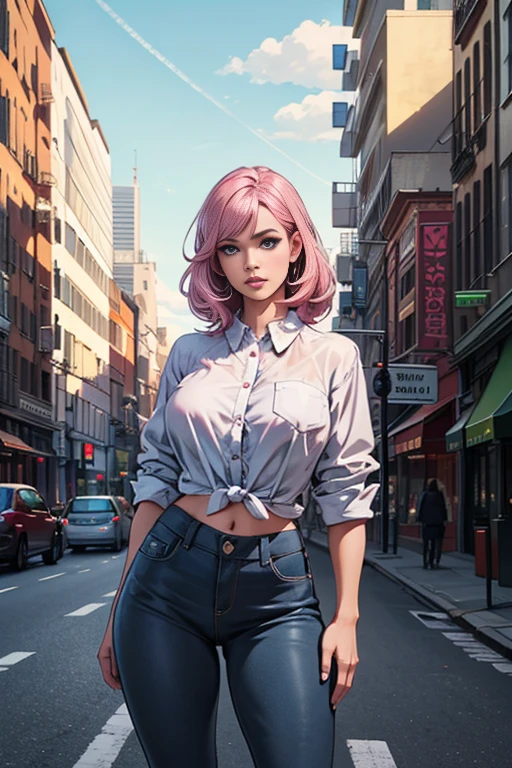 1girl,hips up,pink hair,blue eyes,skinny jeans,white shirt,city background,beautiful detailed eyes,beautiful detailed lips,extremely detailed eyes and face,long eyelashes,realistic,photorealistic,photo-realistic:1.37,best quality,4k,8k,highres,masterpiece:1.2,ultra-detailed,HDR,UHD,studio lighting,ultra-fine painting,sharp focus,physically-based rendering,extreme detail description,professional,vivid colors,bokeh,cityscape,urban environment,skyscraper,modern architecture,street,sidewalk,traffic,cloudy sky