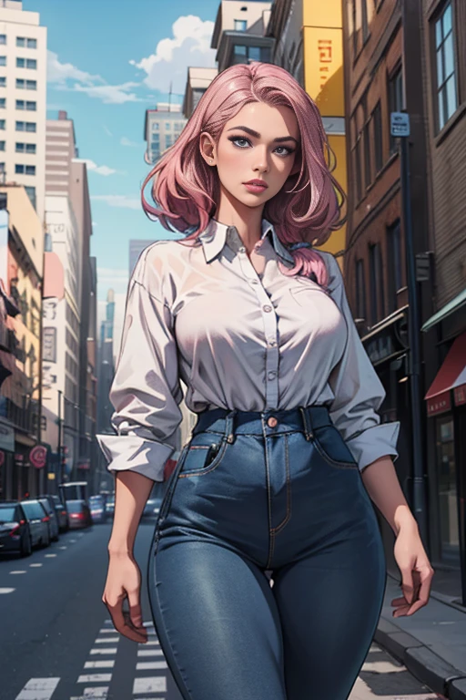 1girl,hips up,pink hair,blue eyes,skinny jeans,white shirt,city background,beautiful detailed eyes,beautiful detailed lips,extremely detailed eyes and face,long eyelashes,realistic,photorealistic,photo-realistic:1.37,best quality,4k,8k,highres,masterpiece:1.2,ultra-detailed,HDR,UHD,studio lighting,ultra-fine painting,sharp focus,physically-based rendering,extreme detail description,professional,vivid colors,bokeh,cityscape,urban environment,skyscraper,modern architecture,street,sidewalk,traffic,cloudy sky