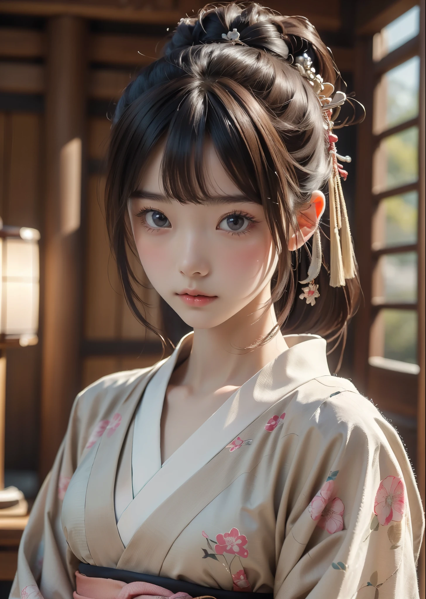 (masterpiece, highest quality, highest quality, Official Art, beautifully、aesthetic:1.2)、Portrait Photography、 (1 Japanese kimono beautiful girl)、A gorgeous kimono worn by women at Japanese Coming of Age ceremonies、The collar is nicely closed、A perfect example of how to wear a kimono、Big brown eyes、Beautiful skin、A little embarrassing、（Updo with bangs）、hair ornaments、Very detailed,(Japanese-style room:1.3)、Cinematic lighting、Sharp focus、High resolution、High resolution、High color rendering、High resolution、Super realistic、