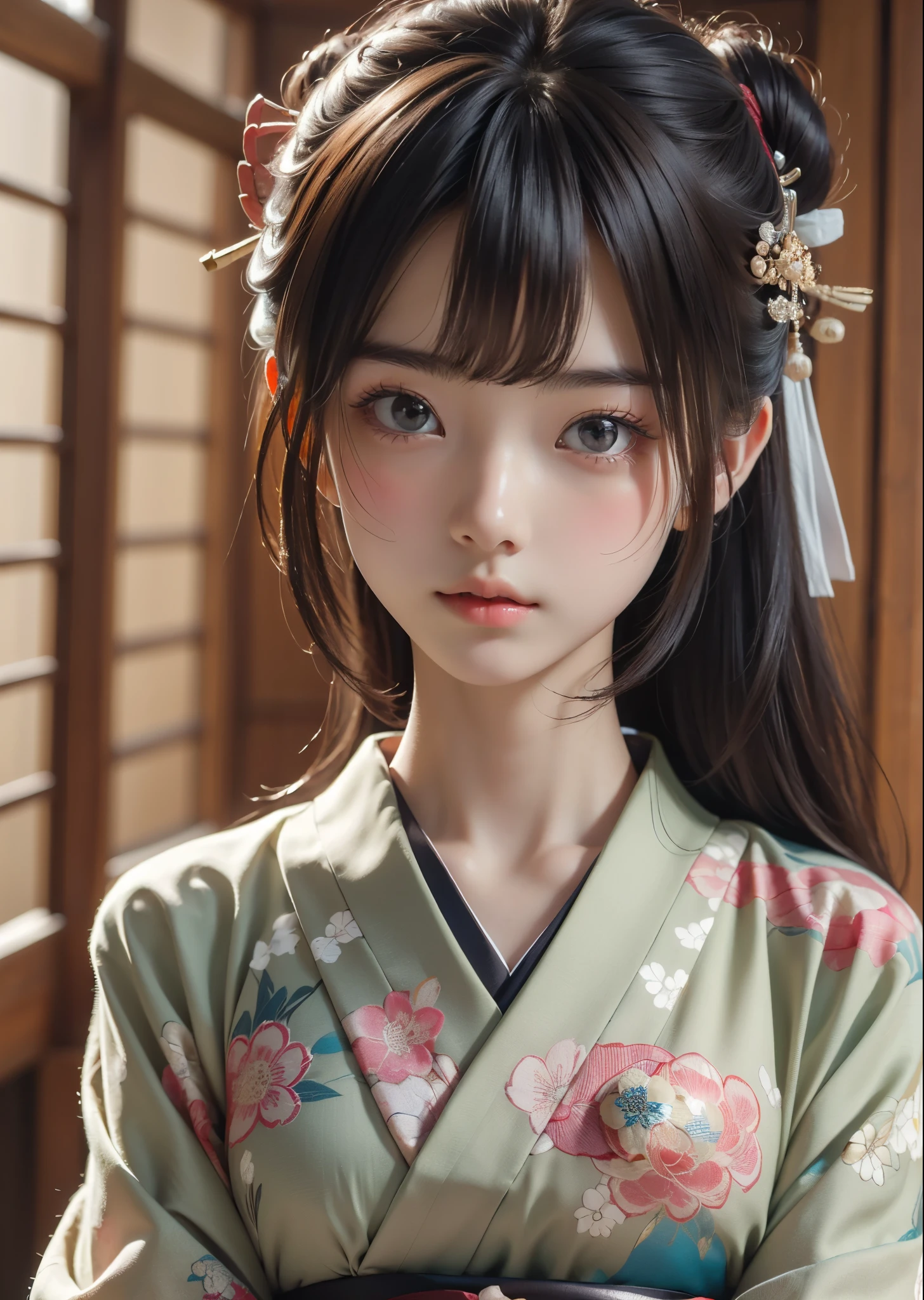 (Obra de arte, mais alta qualidade, mais alta qualidade, arte oficial, Belas、estética:1.2)、fotografia de retrato、 (1 linda garota de quimono japonês)、Um lindo quimono usado por mulheres nas cerimônias japonesas de maioridade、A gola está bem fechada、Um exemplo perfeito de como usar um quimono、Grandes olhos castanhos、Pele bonita、Um pouco constrangedor、（Updo com franja）、enfeites de cabelo、Muito detalhado,(Quarto em estilo japonês:1.3)、iluminação cinematográfica、foco nitído、alta resolução、alta resolução、Alta renderização de cores、alta resolução、super realista、