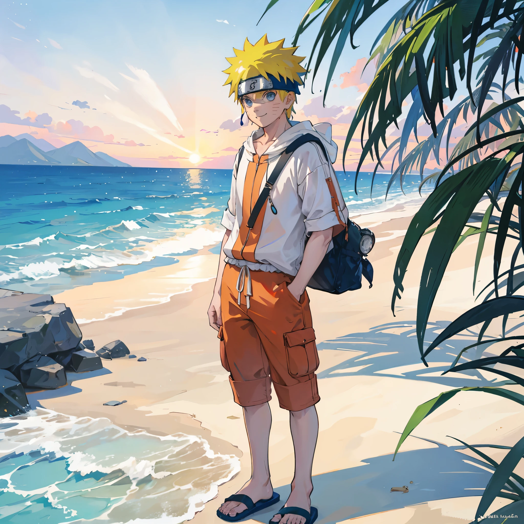 Create a vibrant and lively image of Naruto Uzumaki from the Naruto series, depicted in modern casual clothes as if he's preparing for a day at the beach in Goa. Naruto is wearing a stylish, comfortable outfit suitable for a beach outing: a brightly colored, short-sleeved shirt with a fun tropical pattern, paired with casual shorts and flip-flops. He has a pair of trendy sunglasses perched on his head, and a beach towel draped over his shoulder.

The scene is set in the early morning, with the first light of dawn casting a warm, golden glow. Naruto is standing on a balcony or near a window, looking out towards the beach with a wide, excited smile, capturing his energetic and enthusiastic personality. The background includes glimpses of palm trees swaying gently in the breeze and the calm ocean waves reflecting the early morning sunlight.

A soft, pastel-colored sky with the sun just beginning to rise adds to the serene and fresh morning atmosphere. There might be a few beach-related items nearby, such as a beach bag, a surfboard, or a beach ball, suggesting his plans for the day.

The overall style should be lively and contemporary, with a focus on capturing Naruto’s characteristic enthusiasm and the vibrant, tropical feel of a beach morning in Goa. The art should evoke a sense of adventure and fun, highlighting Naruto’s readiness to enjoy a beautiful day by the sea.