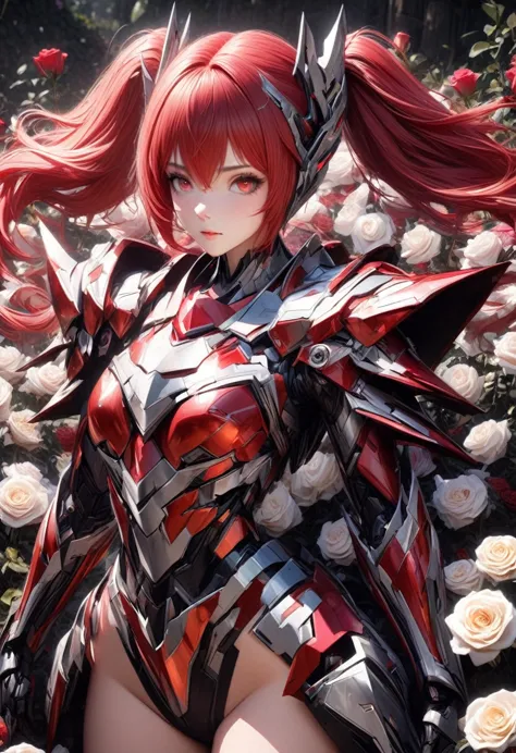 A highly detailed, 8k, photorealistic image of a 1 girl robot girl with red hair in twin tails, red eyes, wearing flashy robot a...