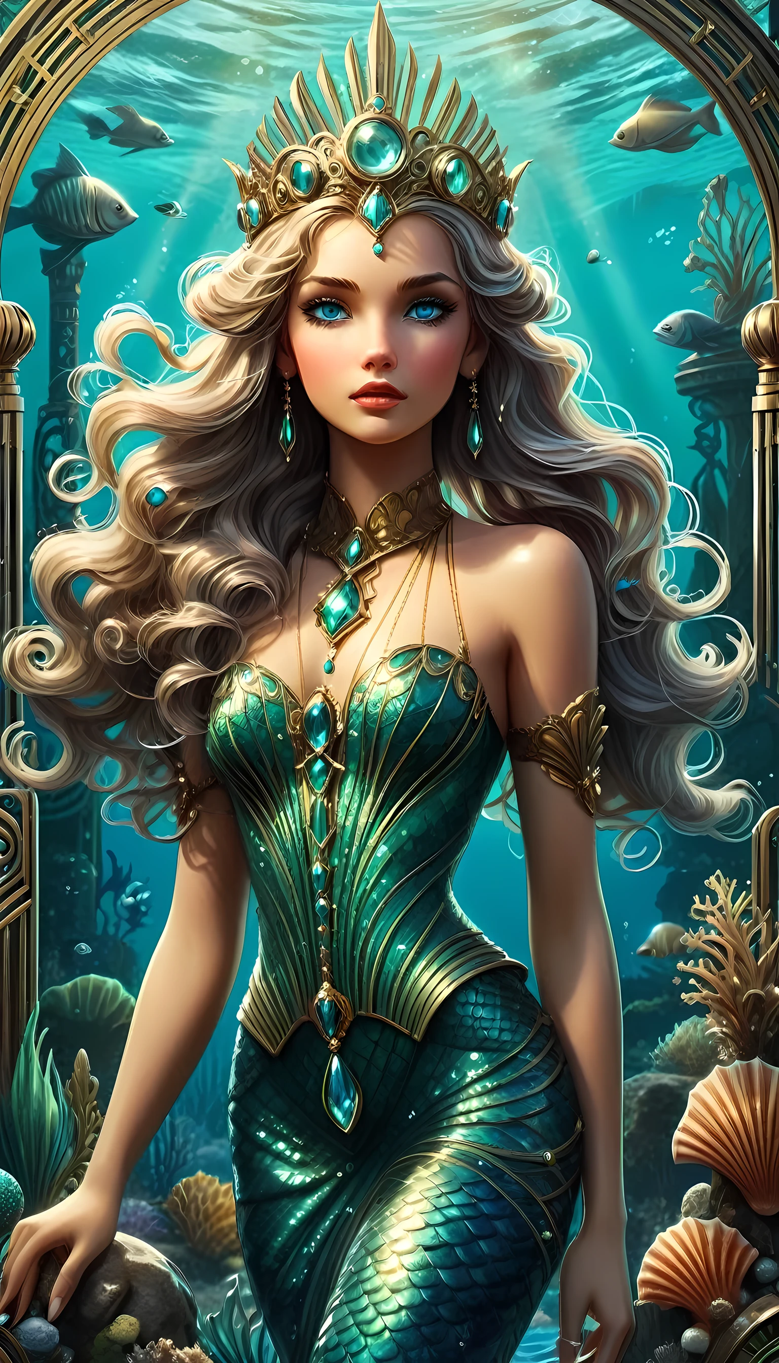 high details, best quality, 16k, ultra detailed, masterpiece, best quality, ((art deco style: 1.5)), full body, ultra wide shot, RAW, photorealistic, fantasy art, dnd art, rpg art, realistic art, an ultra wide picture of a mermaid princess in steampunk times, under the sea (intricate details, Masterpiece, best quality: 1.4) , female mermaid, (blue: 1.3) skin, (green: 1,3) hair, long hair, swirling hair, intense eyes, small pointed ears, ((blue eyes)), ((glowing eyes)), wearing sea shell clothing, she wears a crown  studded with gems(intricate details, Masterpiece, best quality: 1.4),  beautiful mermaid, you can see rich underwater life, fish, riff, dynamic fantasy blue beach background ((magical atmosphere)), high details, best quality, highres, ultra wide angle, ggmine, Dark Novel