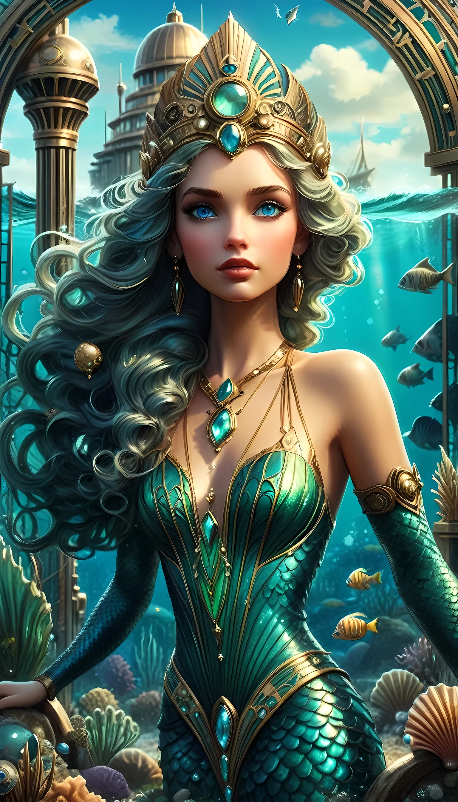 high details, best quality, 16k, ultra detailed, masterpiece, best quality, ((art deco style: 1.5)), full body, ultra wide shot, RAW, photorealistic, fantasy art, dnd art, rpg art, realistic art, an ultra wide picture of a mermaid princess in steampunk times, under the sea (intricate details, Masterpiece, best quality: 1.4) , female mermaid, (blue: 1.3) skin, (green: 1,3) hair, long hair, swirling hair, intense eyes, small pointed ears, ((blue eyes)), ((glowing eyes)), wearing sea shell clothing, she wears a crown  studded with gems(intricate details, Masterpiece, best quality: 1.4),  beautiful mermaid, you can see rich underwater life, fish, riff, dynamic fantasy blue beach background ((magical atmosphere)), high details, best quality, highres, ultra wide angle, ggmine, Dark Novel