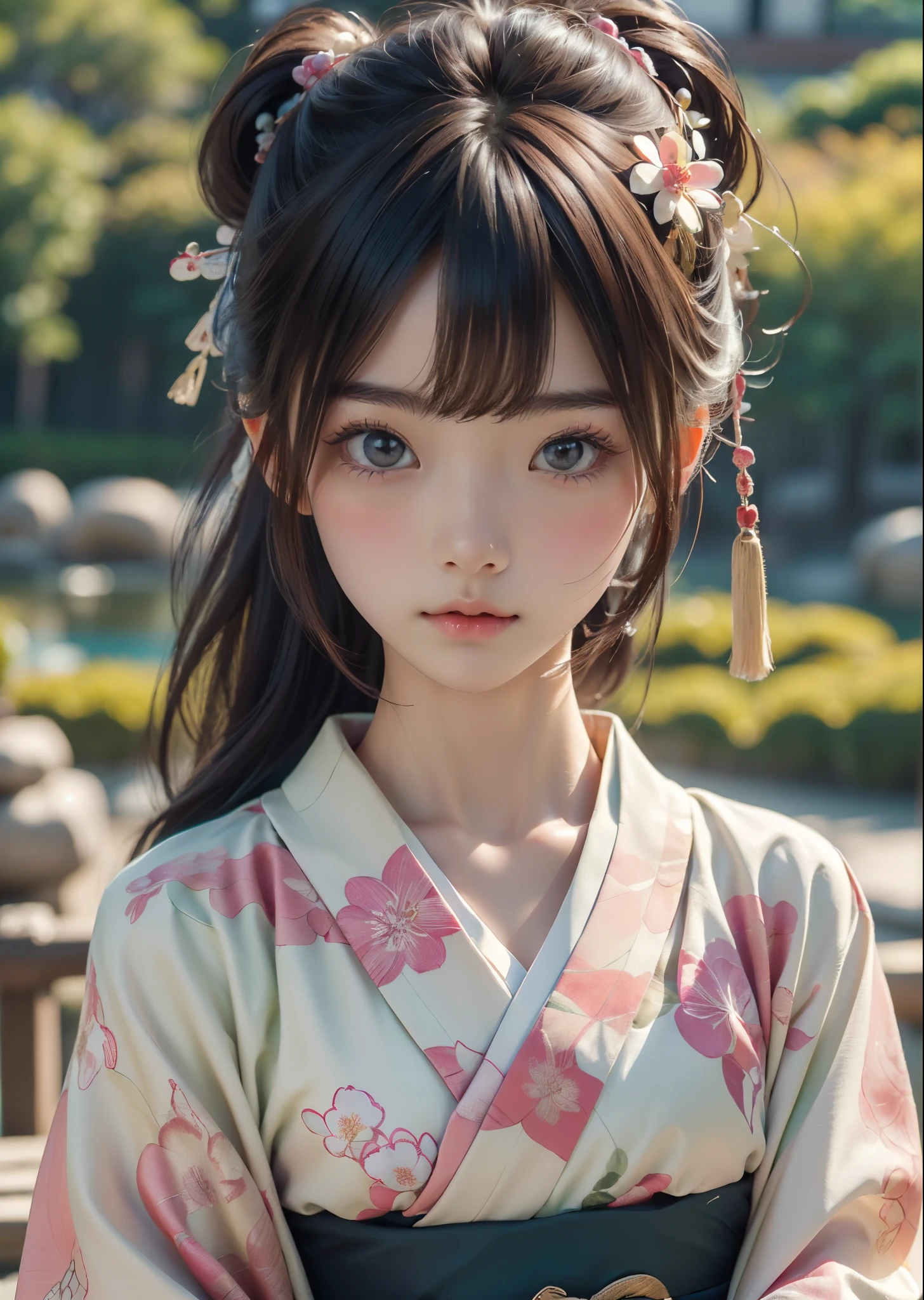 (Obra de arte, mais alta qualidade, mais alta qualidade, arte oficial, Belas、estética:1.2)、fotografia de retrato、 (1 linda garota de quimono japonês)、（Quimono com estampa floral rosa e verde）、Um lindo quimono usado por mulheres nas cerimônias japonesas de maioridade、A gola está bem fechada、Um exemplo perfeito de como usar um quimono、Grandes olhos castanhos、Pele bonita、Um pouco constrangedor、（Updo com franja）、enfeites de cabelo、Muito detalhado,(No Jardim Japonês:1.3)、iluminação cinematográfica、foco nitído、alta resolução、alta resolução、Alta renderização de cores、alta resolução、super realista、