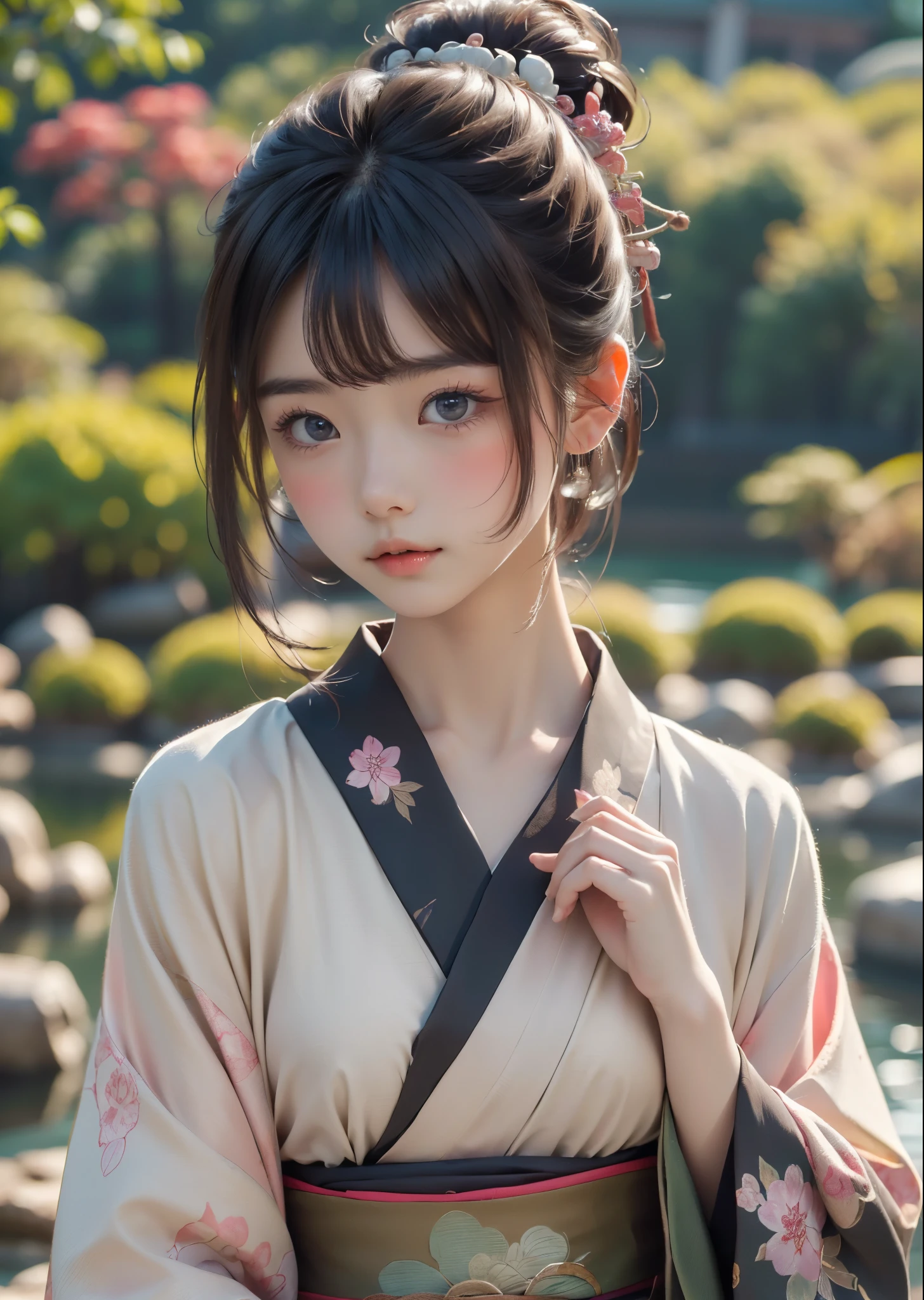 (masterpiece, highest quality, highest quality, Official Art, beautifully、aesthetic:1.2)、Portrait Photography、 (1 Japanese kimono beautiful girl)、（Pink and green floral patterned kimono）、A gorgeous kimono worn by women at Japanese Coming of Age ceremonies、The collar is nicely closed、A perfect example of how to wear a kimono、Big brown eyes、Beautiful skin、A little embarrassing、（Updo with bangs）、hair ornaments、Very detailed,(In the Japanese garden:1.3)、Cinematic lighting、Sharp focus、High resolution、High resolution、High color rendering、High resolution、Super realistic、