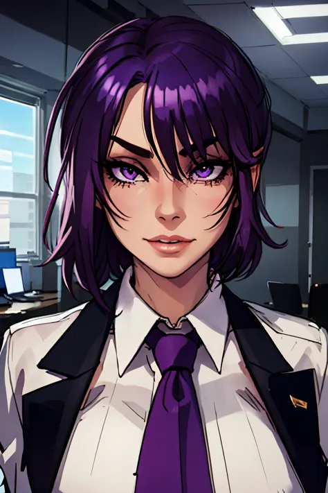 master piece, best quality, portrait, office, female boss MILF, mature, purple hair with white streaks, round optical lenses