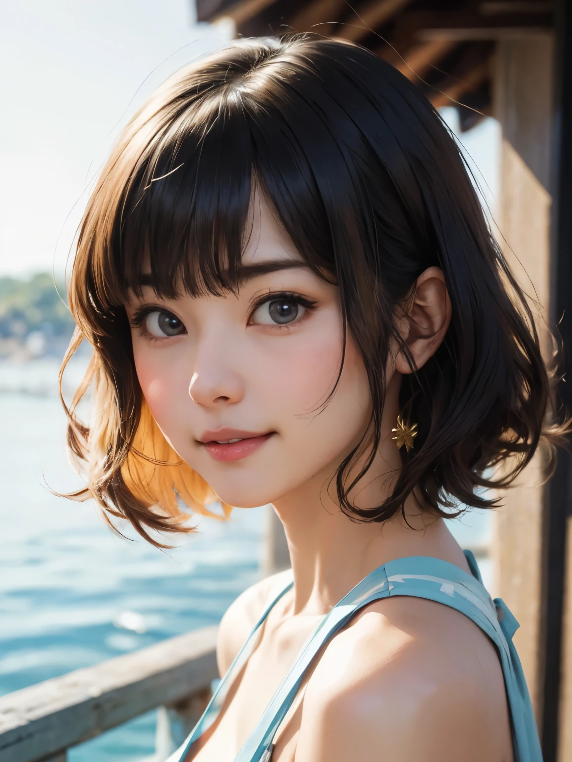 1 girl、highest quality、Realistic、alone、Written boundary depth、Natural soft light、Daytime、charm、Beautiful Face、Cleanliness、Pure Face、White skin、cute、short hair、prohibit、Beach、Light of the sun、Nedium Breast Body Esbian、((セーターを着たBeautiful Faceの黄金比 対称性のあるBeautiful Face))、Long neck、Listen carefully、prohibitのあるきれいな短いボブヘア、Laugh with your mouth closed、Perfect hands指、Perfect hands、Perfect body、Perfect Face、Shine a light into your eyes、Perfect Anatomy:1.4、とてもcuteスーパーモデル:1.4、{Huge|big|Hugeな|Mega} chest:2, chestの谷間:2、transparent、transparent性、Grossoisture、Shine、Cool feeling、Beautiful gradation blue sky:2