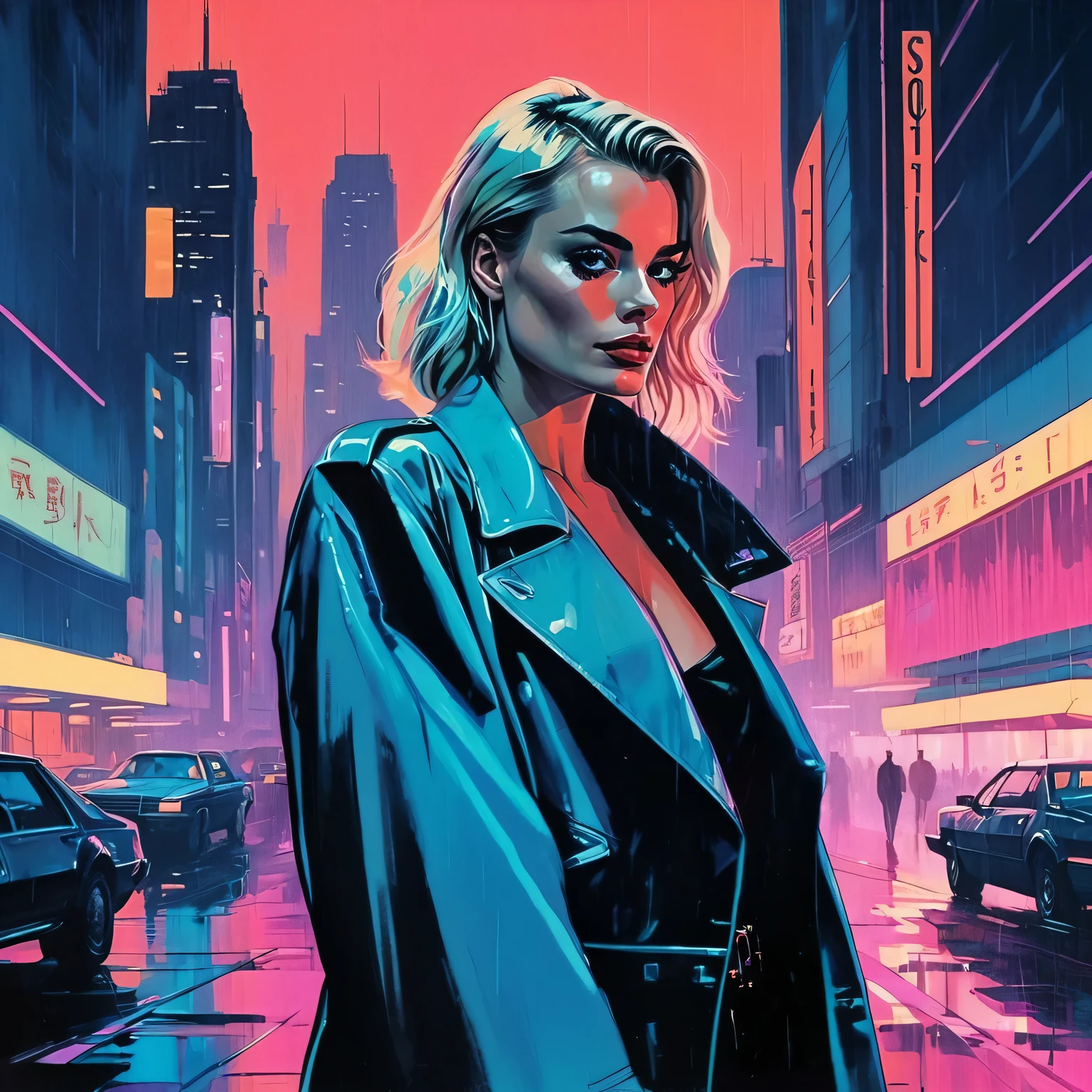 (Margot Robbie), nighttime, cyberpunk city, dark, raining, neon lights , (Syd Mead Style,pastel colors ), cyberpunk, synthwave, 1980s, futurism, brutalism, neuromancer, cinematic photo in California, art by Antoine Le Nain, art by Antoine Verney-Carron,((art by Ross Bleckner)),intimate close eye contact, intense detailed eyes,,art by Jakub Rozalski, 1920+ Poland,art by Adrian Tomine