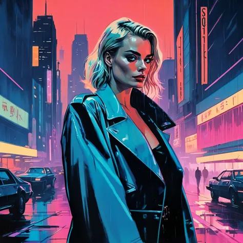 (Margot Robbie), nighttime, cyberpunk city, dark, raining, neon lights , (Syd Mead Style,pastel colors ), cyberpunk, synthwave, ...