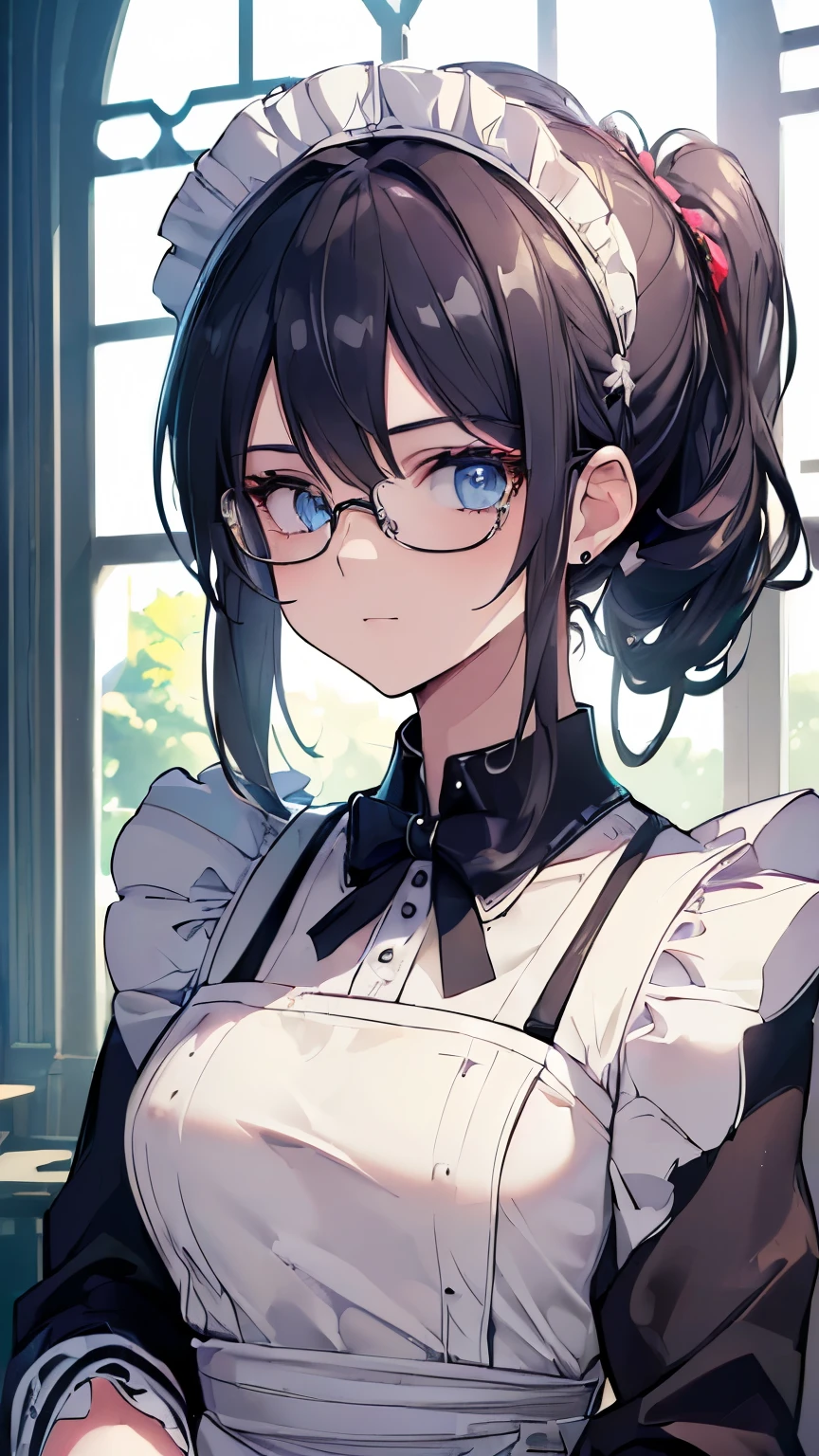 (((highest quality, 8k, masterpiece: 1.3)), (detailed), Perfect Face,, mullet, rimless eyewear, Art Deco, backlighting, UHD, textured skin, best quality, 8k, accurate, White brim, British style maid, maid costume