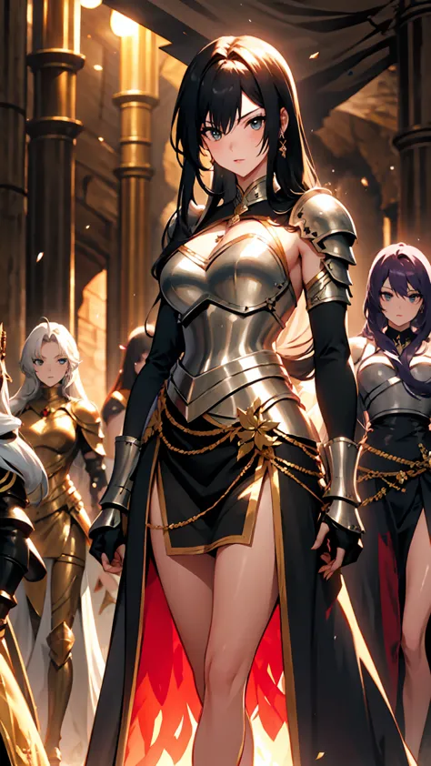 A group of female knights, (in cave), various hair styles, harem, wearing armored clothes, metal armor, night, details face, sho...