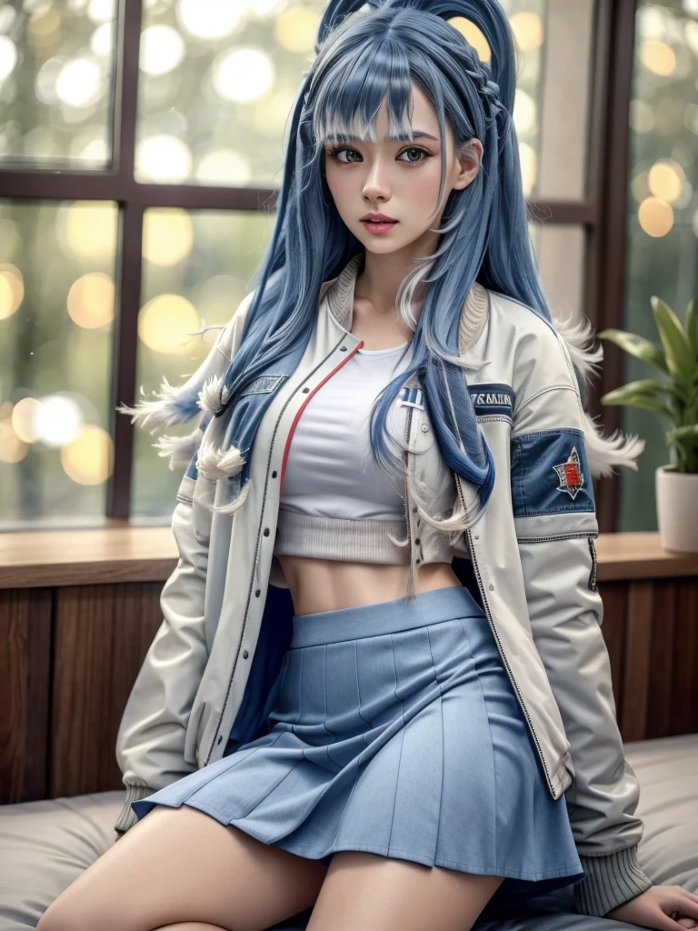 1girl, detailed face, long blue hair, white shirt, varsity jacket, skirt, hips up, raw photo, best quality, 4k, 8k, highres, masterpiece:1.2, ultra-detailed, realistic, photorealistic, photo-realistic:1.37, HDR, UHD, studio lighting, vivid colors, bokeh, portraits