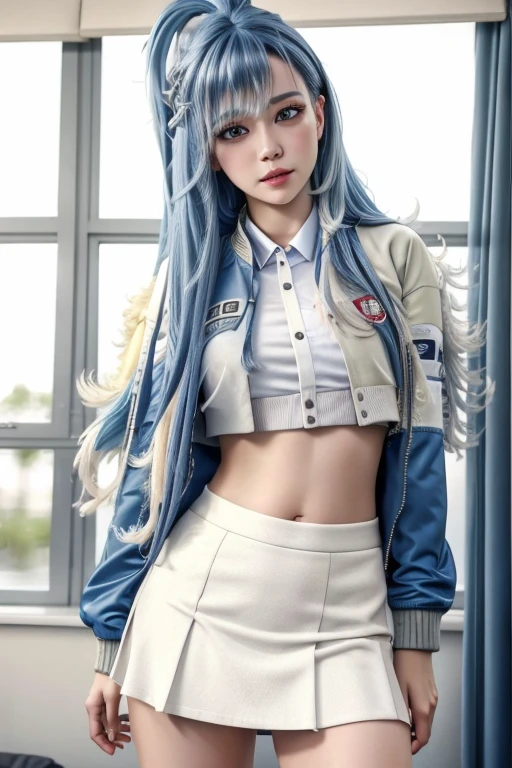 1girl, detailed face, long blue hair, white shirt, varsity jacket, skirt, hips up, raw photo, best quality, 4k, 8k, highres, masterpiece:1.2, ultra-detailed, realistic, photorealistic, photo-realistic:1.37, HDR, UHD, studio lighting, vivid colors, bokeh, portraits