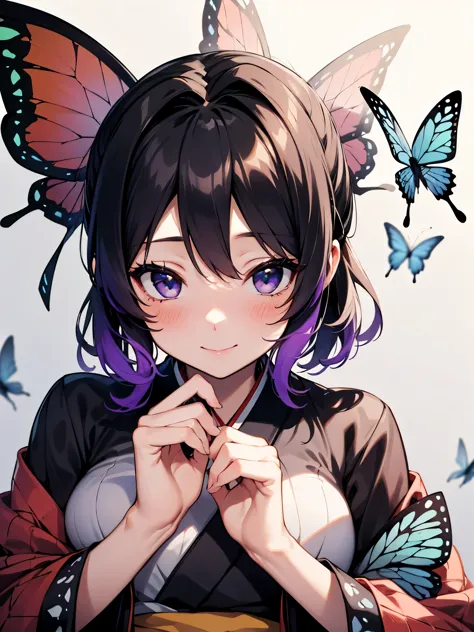 NSFW,1 girl,胡butterflyしのぶ、Animal print、Black Hair、butterfly、butterflyのhair ornaments、butterflyのプリント、amount、Gradient Hair、hair or...