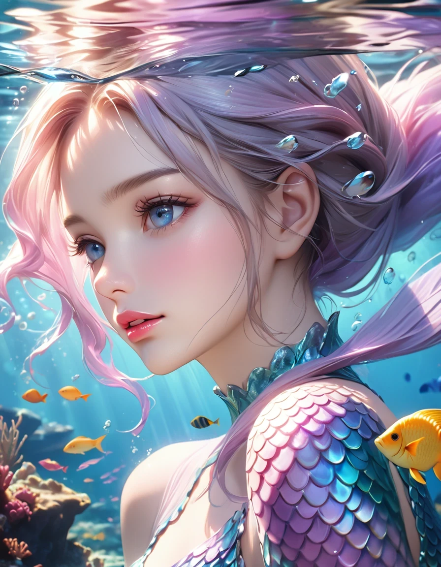 (best quality,4k,8k,highres,masterpiece:1.2),ultra-detailed,(realistic,photorealistic,photo-realistic:1.37),mermaid princess, detailed face, beautiful eyes, long eyelashes, delicate lips, elegant hairstyle, shimmering scales, flowing underwater hair, sea creature background, fantasy underwater scene, vibrant colors, dramatic lighting, soft focus, ethereal atmosphere