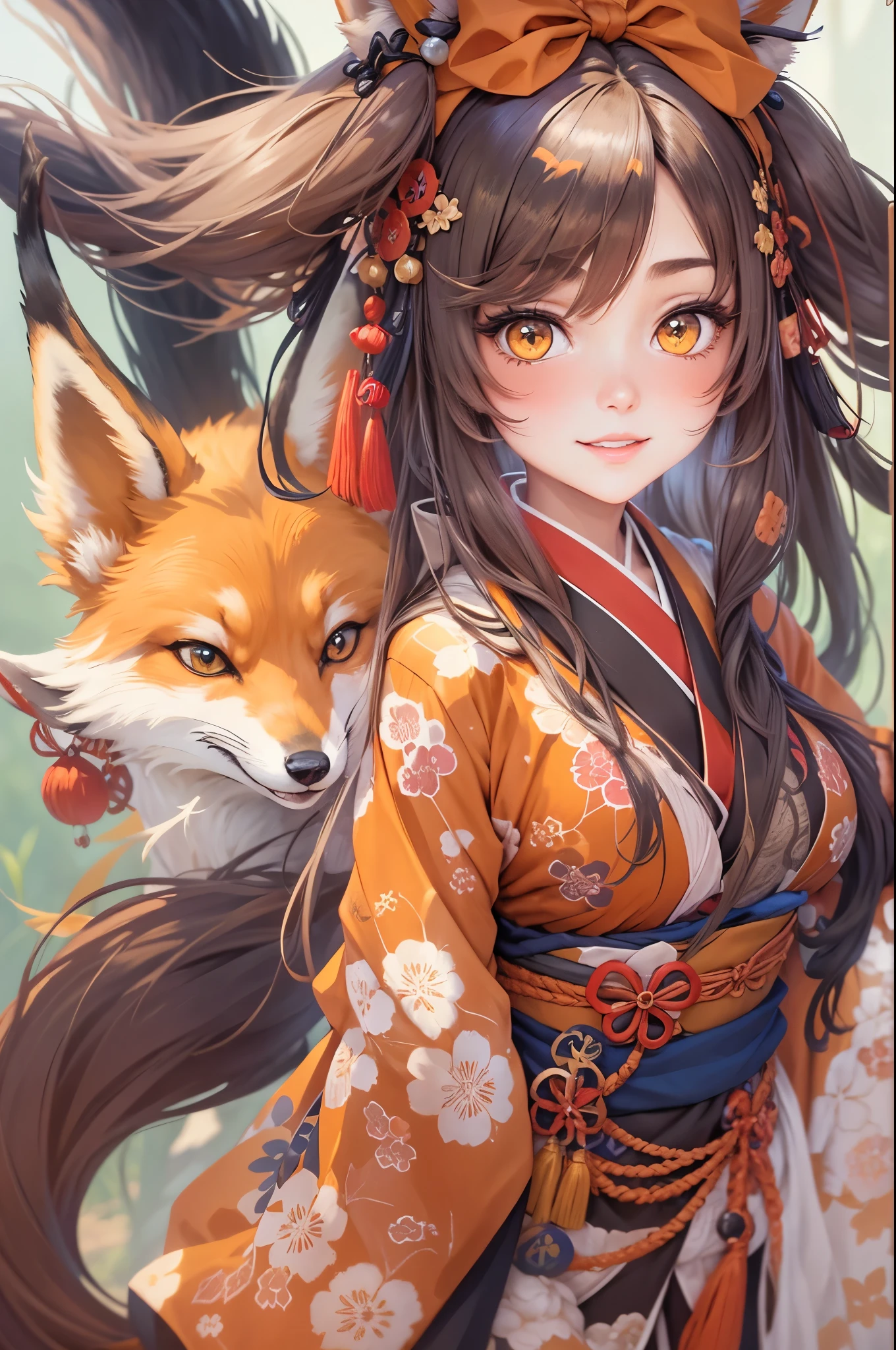 Fox-eared witch,(highest quality:1.2)、Girl with long brown ponytail、(Yellow fox ears)、(Fox Tail)、shrine、4K resolution、Traditional Japanese kimono like an onmyoji、Big Breasts、Illustrations similar to Genshin、Clothes like Kitasan Black、looking at the camera,Cool smile,Overall image,Don&#39;t show your hands,Expressing strength and courage