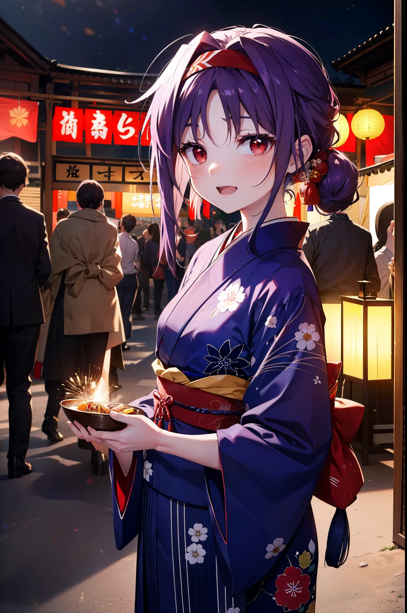 yuukikonno, Konno Yuuki, hair band, Long Hair, Pointed Ears, Purple Hair, (Red eyes:1.5), (Small breasts:1.2), Open your mouth,Open your mouth,Long Hair,happy smile, smile, Open your mouth,Purple Kimono,Long sleeve,Sandals,night空の花火,Fireworks display,Japanese Festivals,Summer festival food stalls,Red Lantern, night,whole bodyがイラストに入るように,Looking down from above,
break outdoors, shrine,                                              break looking at viewer,whole body,Upper Body,(Cowboy Shot:1. 5)
break (masterpiece:1.2), highest quality, High resolution, unity 8k wallpaper, (shape:0.8), (Beautiful and beautiful eyes:1.6), Highly detailed face, Perfect lighting, Highly detailed CG, (Perfect hands, Perfect Anatomy),