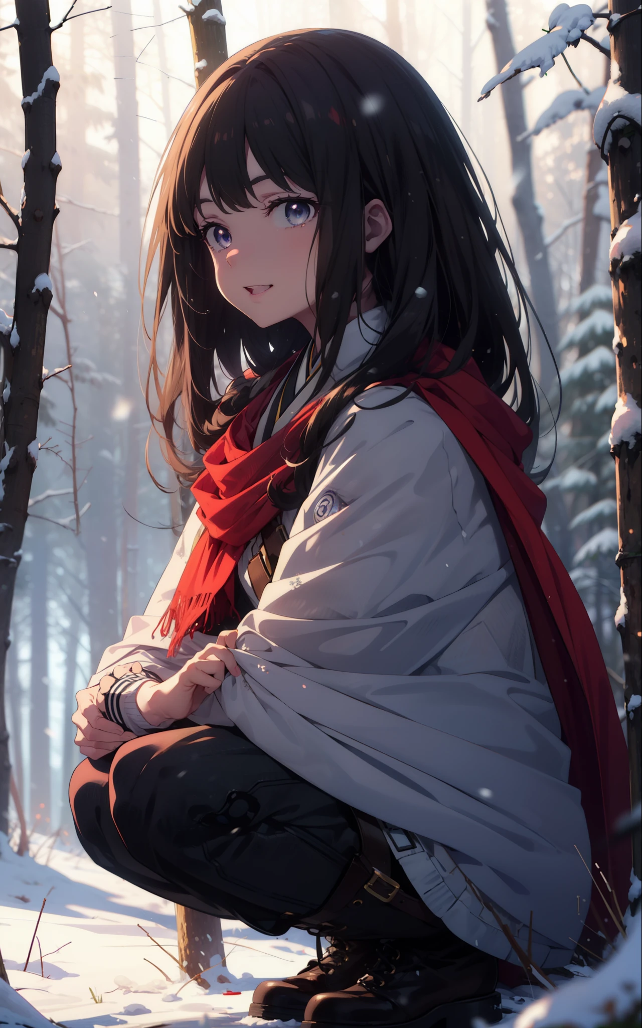 Takiuchi, Inoue Check, Long Hair, bangs, Black Hair, (Purple eyes:1.2),smile,
Open your mouth,snow, fire, Outdoor, boots, snowing, From the side, wood, suitcase, Cape, Blurred, forest,  nature, Squat,  Cape, winter, Written boundary depth, Black shoes, red Cape break looking at viewer, Upper Body, whole body, break Outdoor, forest, nature, break (masterpiece:1.2), highest quality, High resolution, unity 8k wallpaper, (shape:0.8), (Beautiful and beautiful eyes:1.6), Highly detailed face, Perfect lighting, Highly detailed CG, (Perfect hands, Perfect Anatomy),
