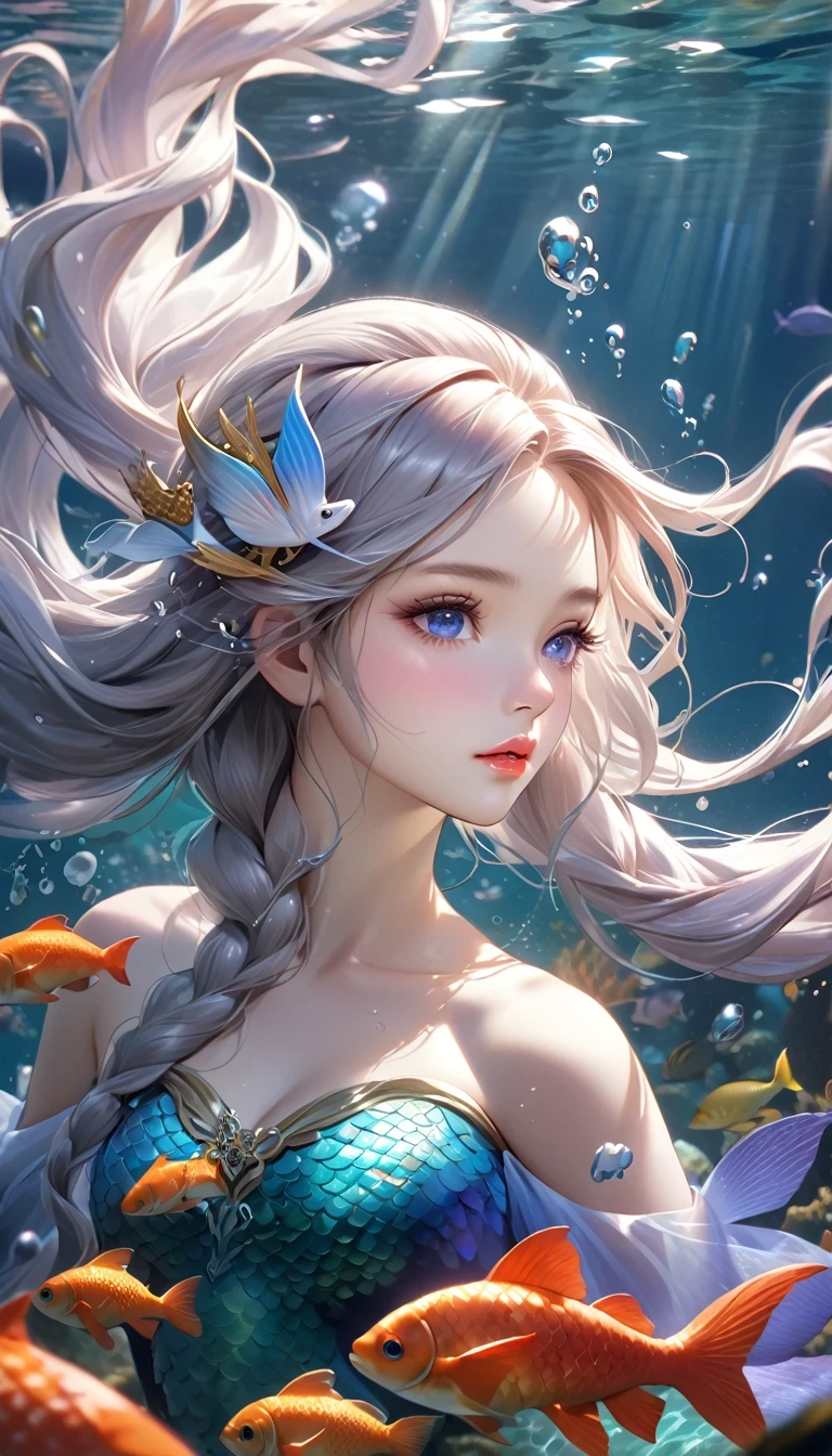 in style of Xu Beihong,, beautiful detail, sharp focus，(best quality,4k,8k,highres,masterpiece:1.2),ultra-detailed,(realistic,photorealistic,photo-realistic:1.37),（whole body：1.3）mermaid princess, detailed face, beautiful eyes, long eyelashes, delicate lips, elegant hairstyle, shimmering scales, flowing underwater hair, sea creature background, fantasy underwater scene, vibrant colors, dramatic lighting, soft focus, ethereal atmosphere