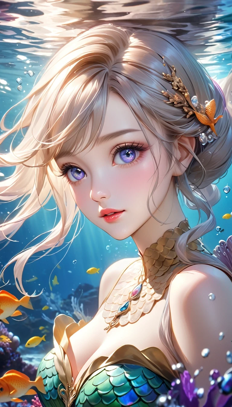 in style of Xu Beihong,, beautiful detail, sharp focus，(best quality,4k,8k,highres,masterpiece:1.2),ultra-detailed,(realistic,photorealistic,photo-realistic:1.37),（whole body：1.3）mermaid princess, detailed face, beautiful eyes, long eyelashes, delicate lips, elegant hairstyle, shimmering scales, flowing underwater hair, sea creature background, fantasy underwater scene, vibrant colors, dramatic lighting, soft focus, ethereal atmosphere