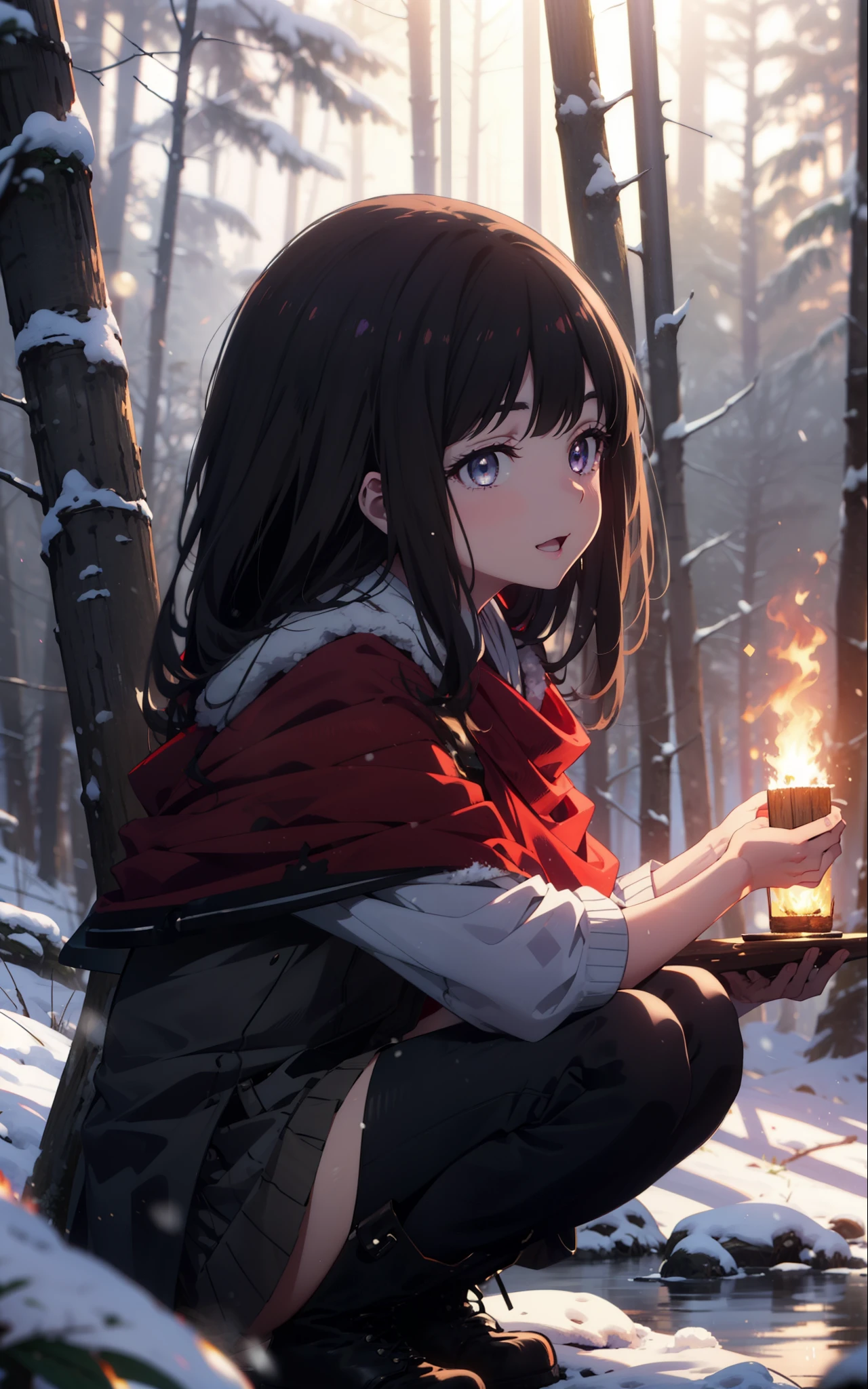 Takiuchi, Inoue Check, Long Hair, bangs, Black Hair, (Purple eyes:1.2),smile,
Open your mouth,snow, fire, Outdoor, boots, snowing, From the side, wood, suitcase, Cape, Blurred, forest,  nature, Squat,  Cape, winter, Written boundary depth, Black shoes, red Cape break looking at viewer, Upper Body, whole body, break Outdoor, forest, nature, break (masterpiece:1.2), highest quality, High resolution, unity 8k wallpaper, (shape:0.8), (Beautiful and beautiful eyes:1.6), Highly detailed face, Perfect lighting, Highly detailed CG, (Perfect hands, Perfect Anatomy),
