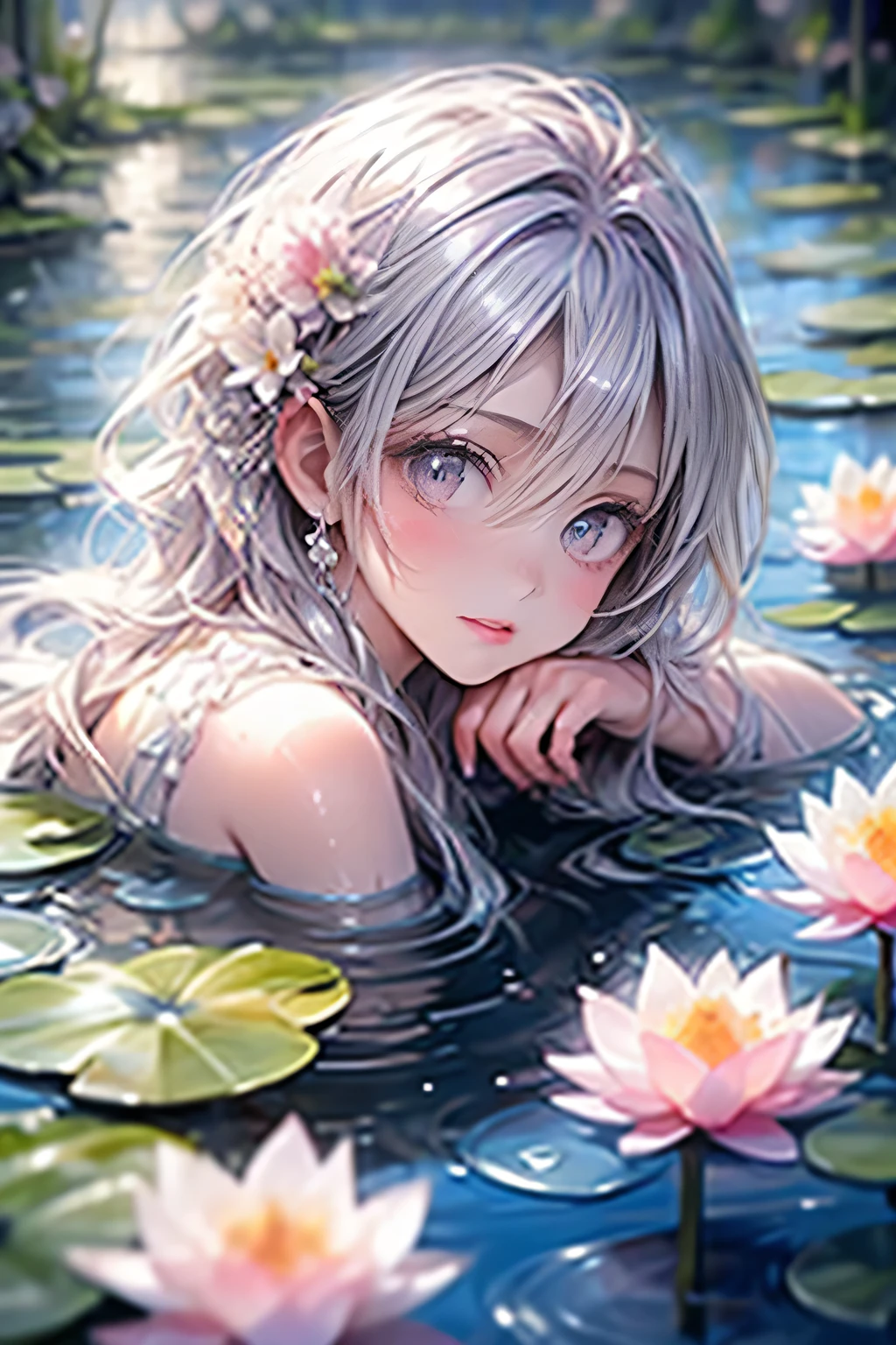 multiple exposure, masterpiece:1.2, highest quality, 16k, highres, ultra-realistic, photorealistic:1.37, beautiful detailed:1.2, cute girl, standing on a bridge spanning a water lilies pond, jet black long straight hair, blunt bangs, pond(colorful water lilies, full of water lilies), beautiful delicate elegant kimono with a water lilies motif, Beautiful and elegant pose, gently smile, beautiful delicate(hair, face, long eyelash, eyes, pupils, lips, kimono, water lilies, pond), sparkling eyes, shining rosy lips, blushed cheek, through bangs