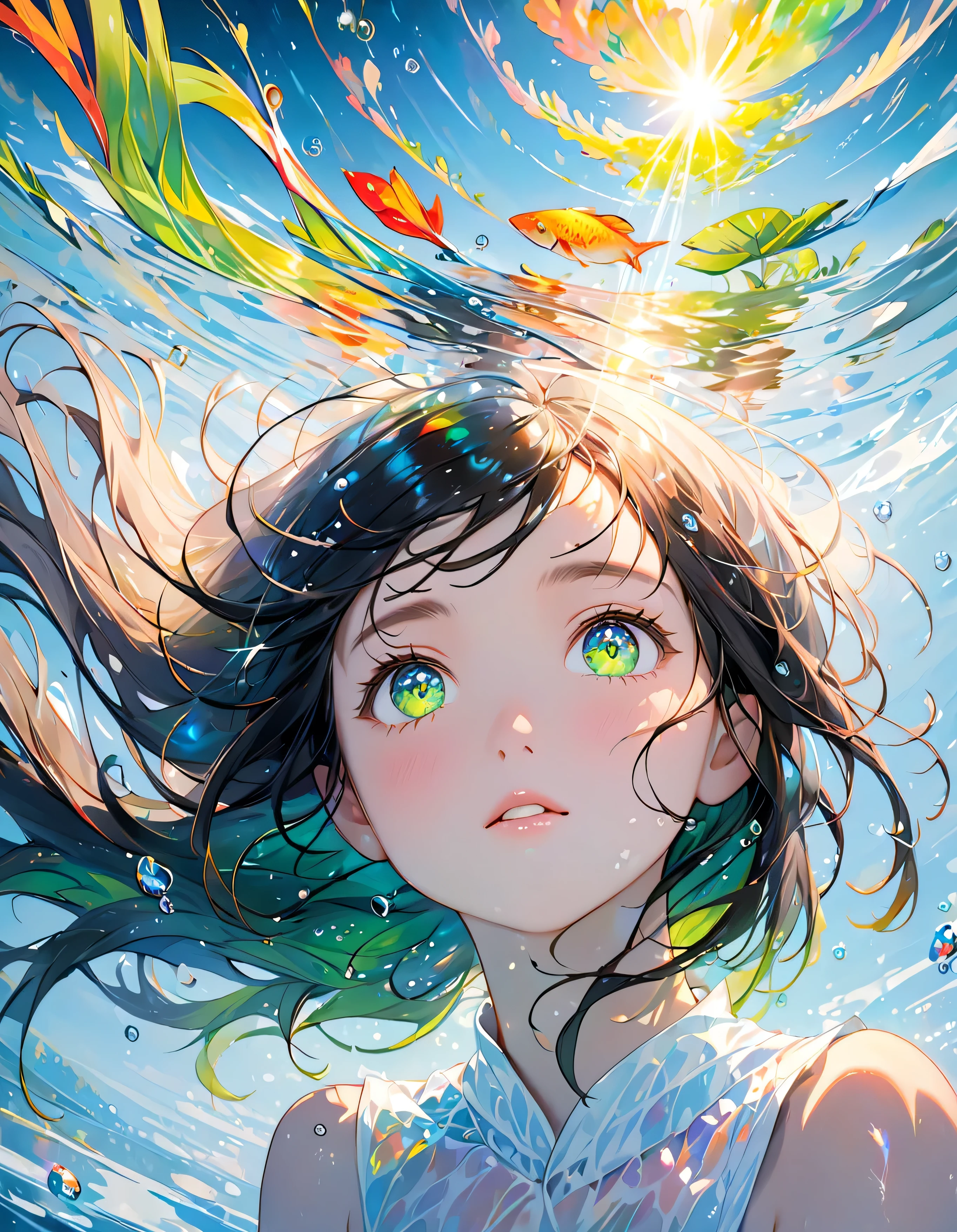 Girl swimming underwater,Ultra-detailed rendering style,shine,yellow,green,Brush,Surreal oil painting,Shining Eyes,Head close-up,Exaggerated perspective,Tyndall effect,Water Drop,Mother of pearl rainbow color,holographic white,Black background,