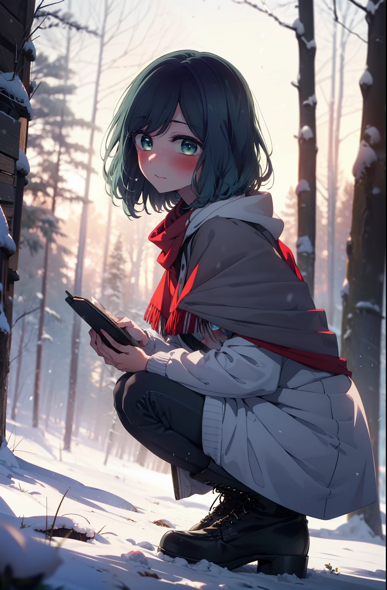 akanekurokawa, akane kurokawa, bangs, (Green Eyes:1.3), Blue Hair, Medium Hair, dark Blue Hair,smile,blush,White Breath,
Open your mouth,snow,Ground bonfire, Outdoor, boots, snowing, From the side, wood, suitcase, Cape, Blurred, , forest, White handbag, nature,  Squat, Mouth closed, Cape, winter, Written boundary depth, Black shoes, red Cape break looking at viewer, Upper Body, whole body, break Outdoor, forest, nature, break (masterpiece:1.2), highest quality, High resolution, unity 8k wallpaper, (shape:0.8), (Beautiful and beautiful eyes:1.6), Highly detailed face, Perfect lighting, Extremely detailed CG, (Perfect hands, Perfect Anatomy),