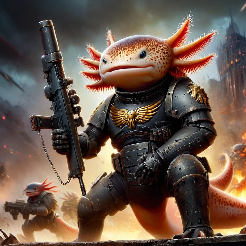 4 xolotes, Axolotl vestindo um macacão preto futurista, ZIP2D, Arte conceitual de videogame, ZIP2D, WH40K, Warhammer 40k Tau, Guarda Imperial Blindada, Lasgun