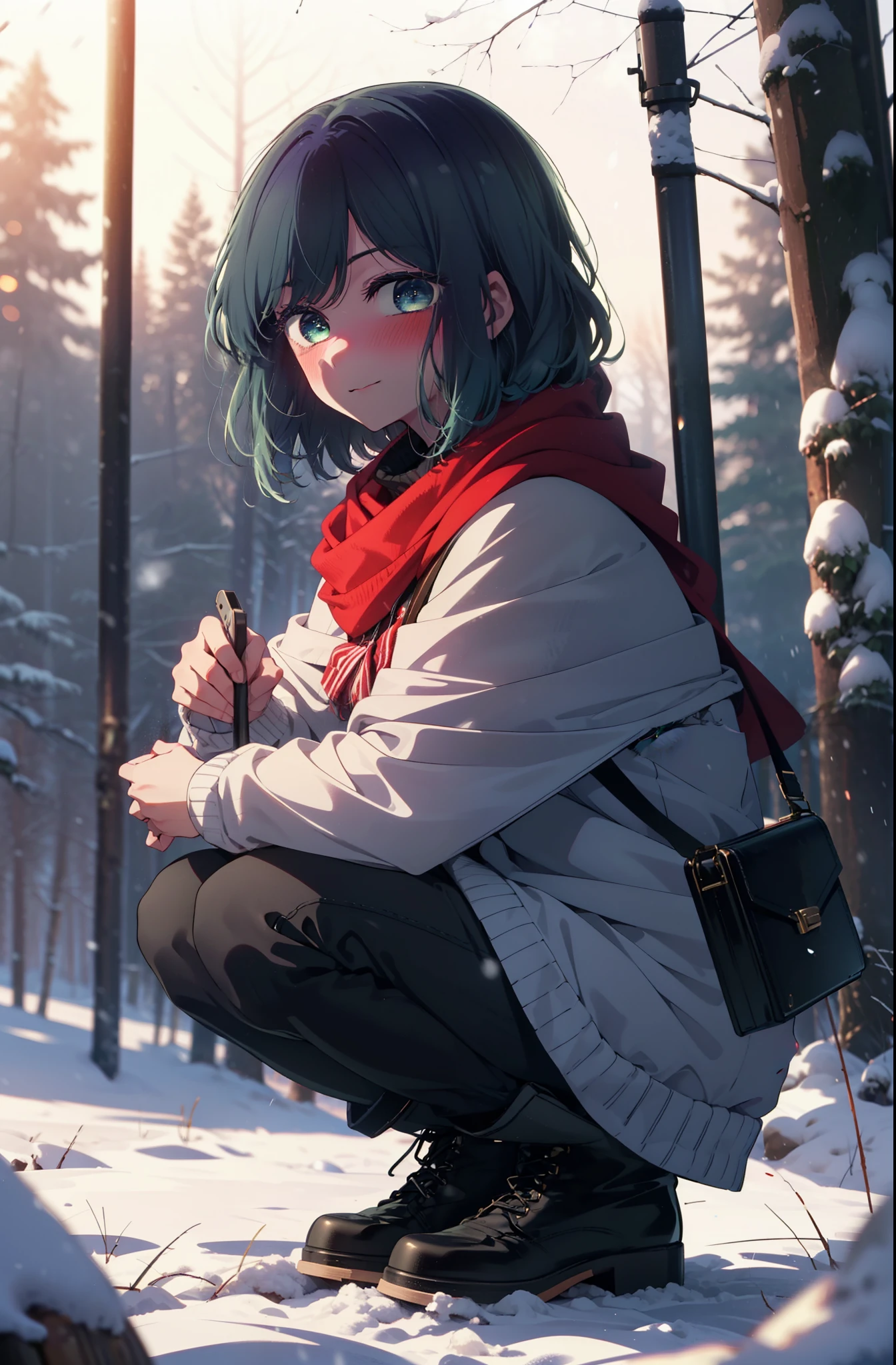 Akanekurokawa, akane kurokawa, Golpes, (ojos verdes:1.3), pelo azul, pelo medio, dark pelo azul,sonrisa,rubor,aliento blanco,
abre la boca,nieve,Hoguera de tierra, exterior, botas, nieveing, Desde el lado, madera, maleta, capa, Borroso, , bosque, Bolso blanco, naturaleza,  Squat, Boca cerrada, capa, invierno, Profundidad del límite escrito, zapatos negros, red capa break looking at viewer, Parte superior del cuerpo, todo el cuerpo, break exterior, bosque, naturaleza, break (obra maestra:1.2), de la máxima calidad, Alta resolución, fondo de pantalla de unidad 8k, (forma:0.8), (Bellos y bellos ojos:1.6), Cara muy detallada, Iluminación perfecta, CG extremadamente detallado, (manos perfectas, anatomía perfecta),