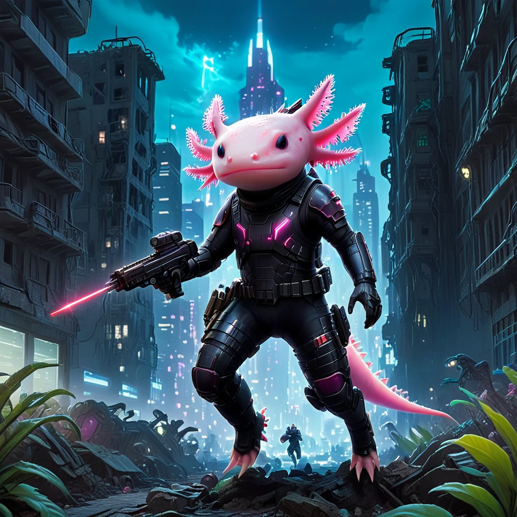 2j, Axolotl portant une tenue de body de science-fiction noire avec un fusil laser de science-fiction dans les ruines de la ville regardant le spectateur