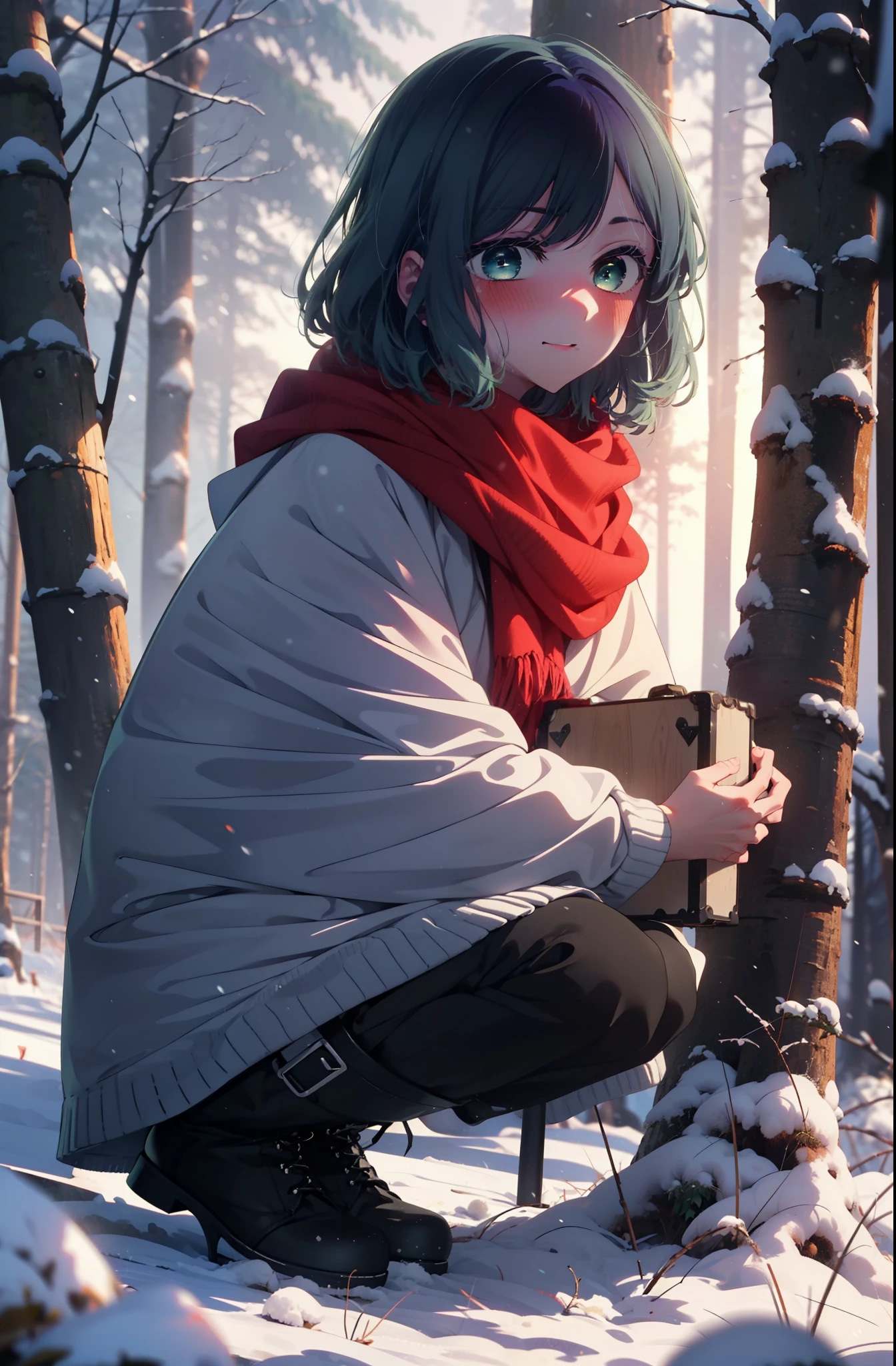 akanekurokawa, akane kurokawa, bangs, (Green Eyes:1.3), Blue Hair, Medium Hair, dark Blue Hair,smile,blush,White Breath,
Open your mouth,snow,Ground bonfire, Outdoor, boots, snowing, From the side, wood, suitcase, Cape, Blurred, , forest, White handbag, nature,  Squat, Mouth closed, Cape, winter, Written boundary depth, Black shoes, red Cape break looking at viewer, Upper Body, whole body, break Outdoor, forest, nature, break (masterpiece:1.2), highest quality, High resolution, unity 8k wallpaper, (shape:0.8), (Beautiful and beautiful eyes:1.6), Highly detailed face, Perfect lighting, Extremely detailed CG, (Perfect hands, Perfect Anatomy),