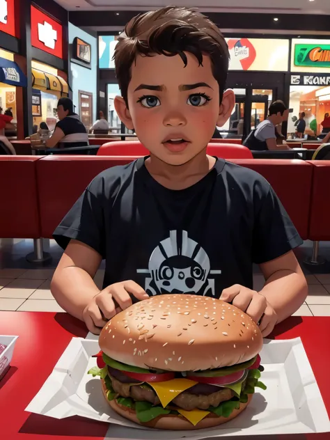 A little boy, 6yo, eating a hamburguer in the mall, high definition, high quality, by Frank Miller