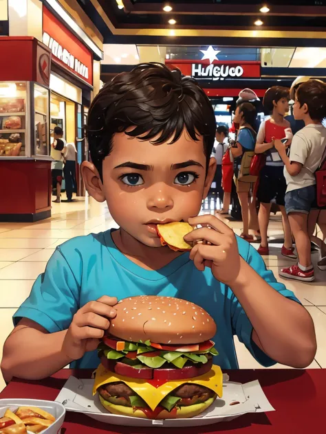 A little boy, 6yo, eating a hamburguer in the mall, high definition, high quality, by Frank Miller