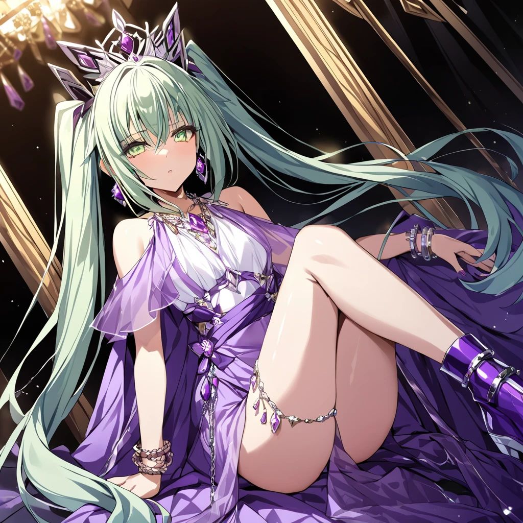 ((highest quality)), ((masterpiece)), (detailed), （Perfect Face）、The woman is Extia Flora, with light green hair in semi-long twin tails.、A gorgeous purple long slit see-through dress that lets you see right through to the skin, a see-through cape with fur, a necklace with jewels, a tiara, earrings, a head dress-up chain, a waist chain, bracelets, ankle bracelets, etc.々She wears lavish jewelry and shiny purple boots.