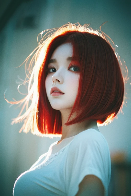 1 girl、Red-haired、Medium Cut Hair、White top、Concrete walls and floors、Transcendental Silence、Depth of written boundary、Absurd、Hmph、Ultra-detailed illustrations、Highly detailed face、Raw photo、Film Grain、deviantart Trends、
