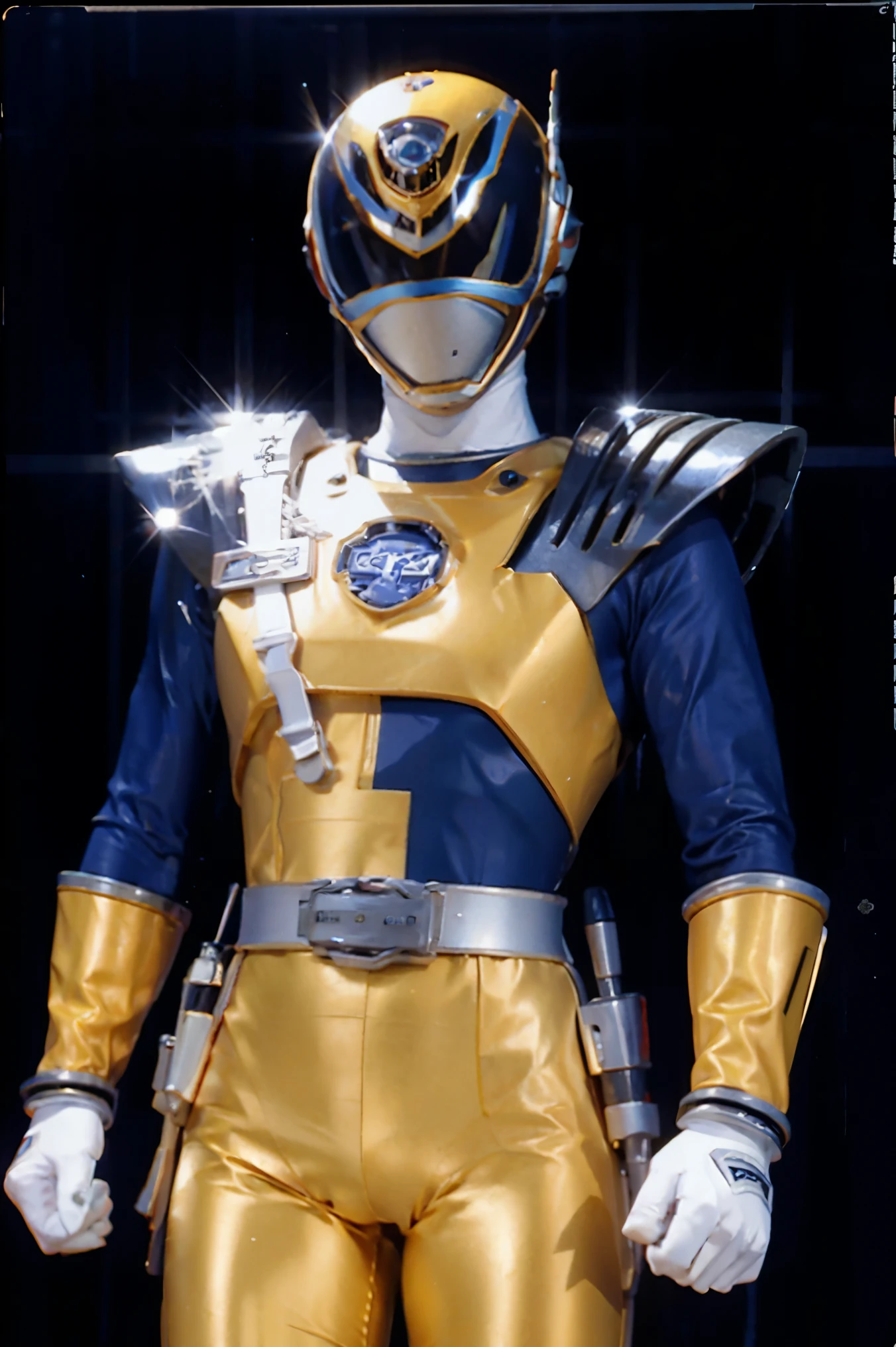 A close up of a gold and blue costume on display - SeaArt AI