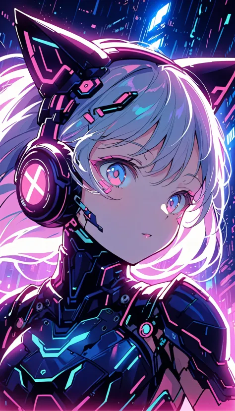 Anime girl in futuristic outfit with cat ears and headphones, Cute Cyborg Girl, Digital Cyberpunk Anime Art, Cyberpunk Anime Gir...