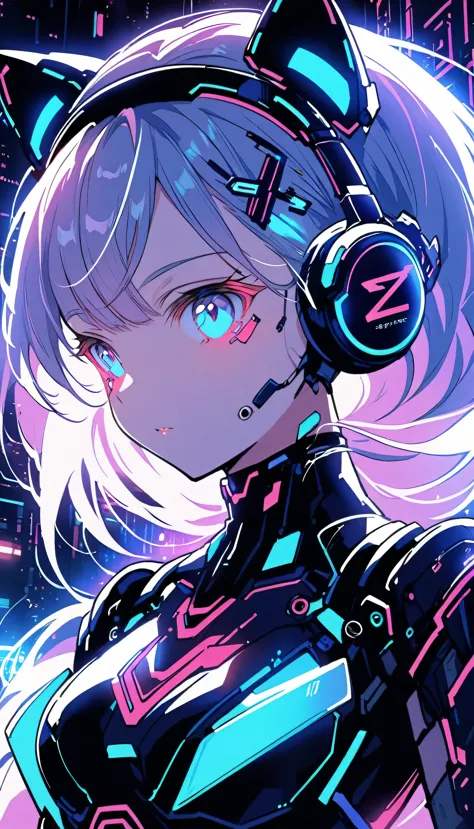 Anime girl in futuristic outfit with cat ears and headphones, Cute Cyborg Girl, Digital Cyberpunk Anime Art, Cyberpunk Anime Gir...