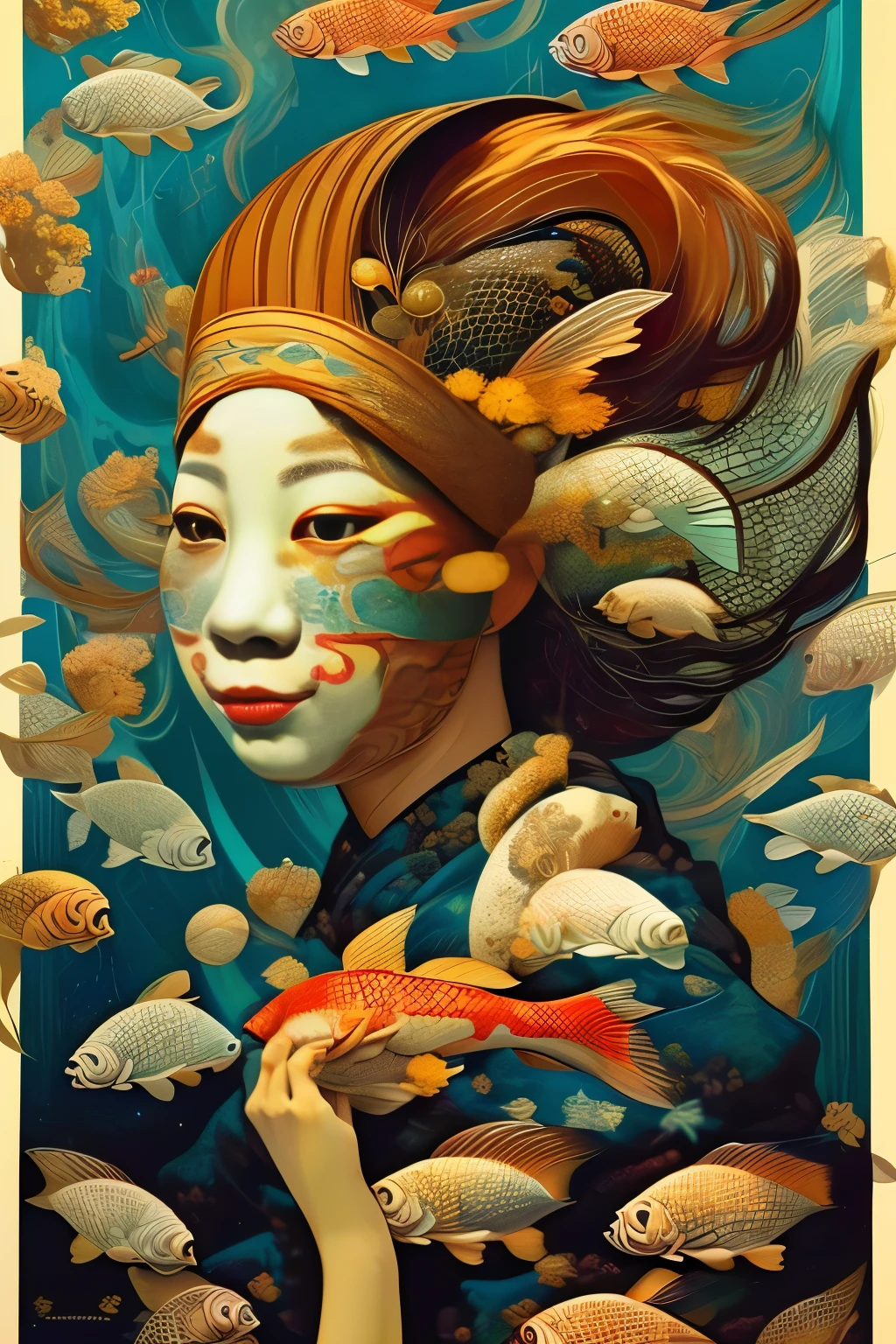身着日本传统和服的锦鲤、(鲤鱼脸的女人:1.7)