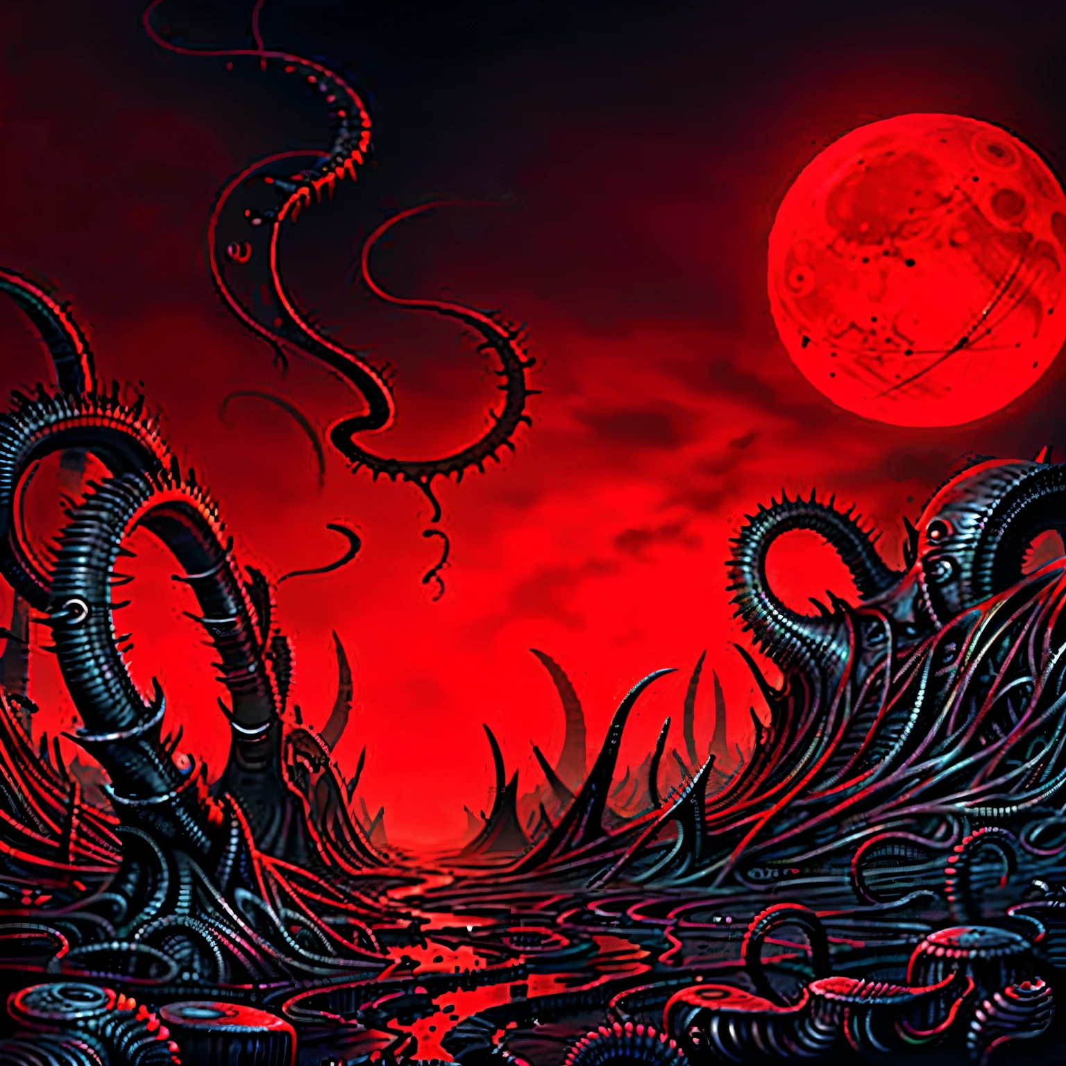 "A mad evil landscape。Tentacles rise from the abyss，Polluted rivers，A graveyard of horrors，Blood-red moon，Hyper-realistic engine，UHD sketch color painting。"