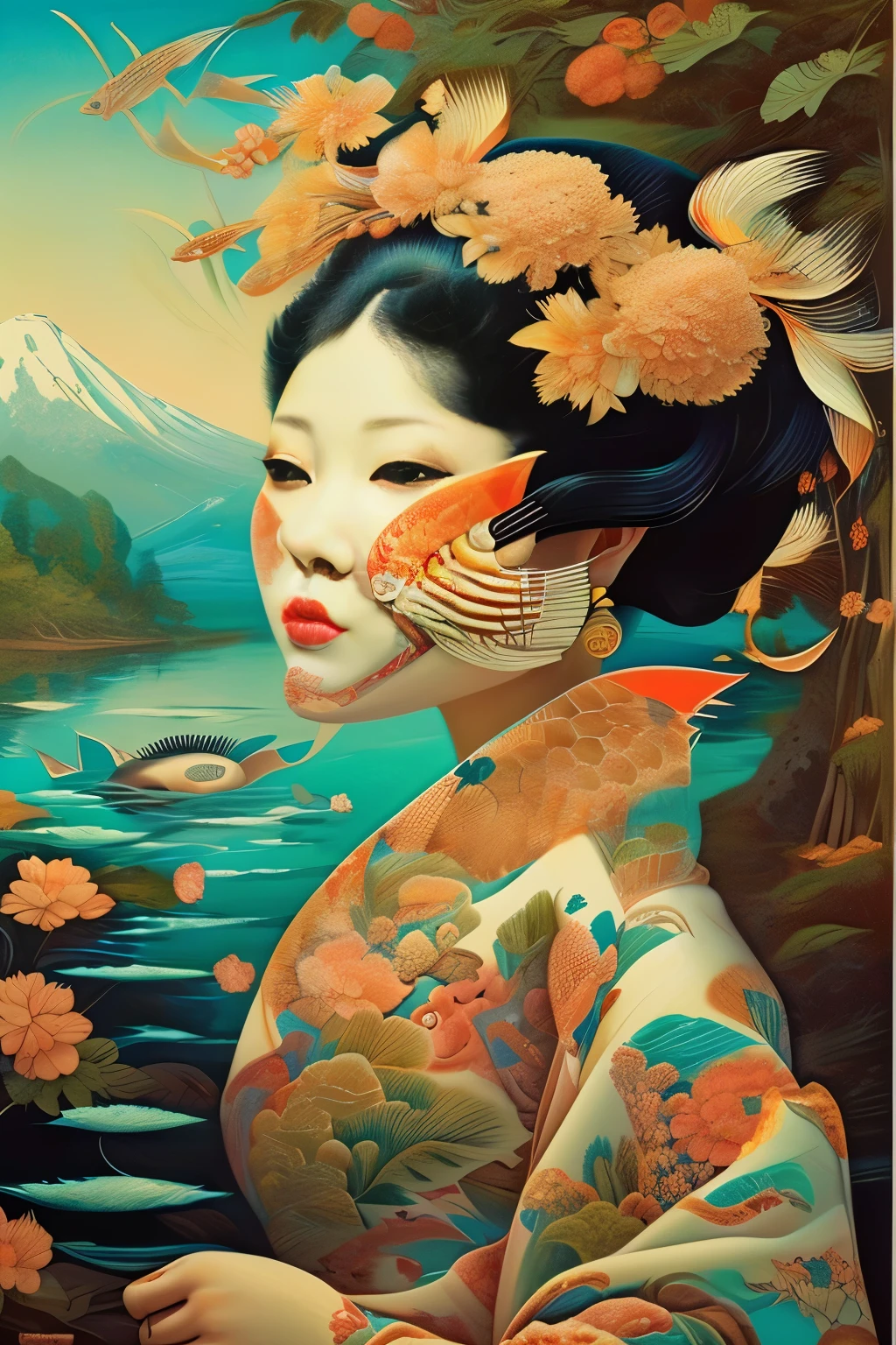 身著日本傳統和服的錦鯉、(鯉魚臉的女人:1.7)