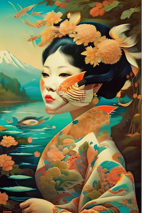 Koi carp dressed in traditional Japanese kimono、(Woman with a carp face:1.7)