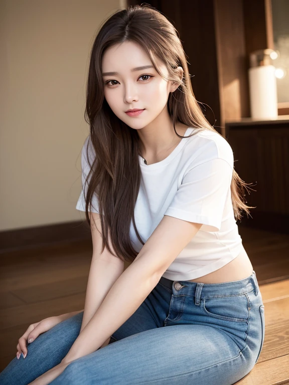 masterpiece, highest quality, High resolution,alone,Brown,artistic,Best lighting,casual,Flat Chest,Beautiful Face,expensive,smile,light makeup,Age 24,Calm woman,Detailed Hair,Laughing woman,Face Focus,Forehead,Bun Hair,stage,Alley,Pants Style,Woman wearing a T-shirt