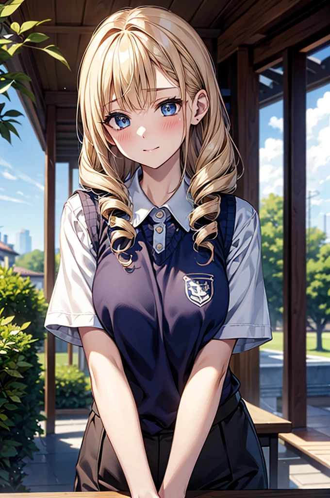 masterpiece、highest quality、Super detailed、An illustration、Beautiful detailed eyes、One girl、cute、Detailed landscape、Background of school grounds、(Blonde, Vertically curled drill hair:1.4)、((D cup breasts, Collared short-sleeved shirt:1.3, A navy blue vest with the school emblem on the chest, Navy blue slacks))