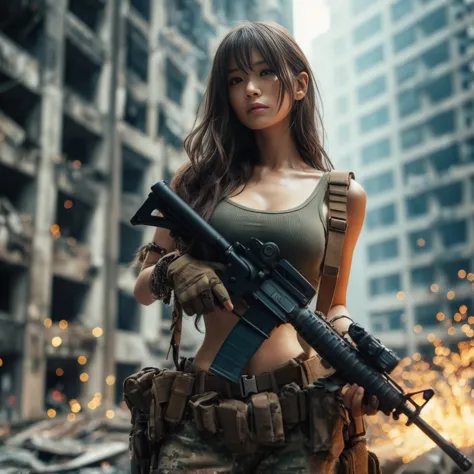 ut dirty face by dust, Beautiful Japanese girl with long hair wearing a khaki tank top & Desert camo military pants, tactical su...