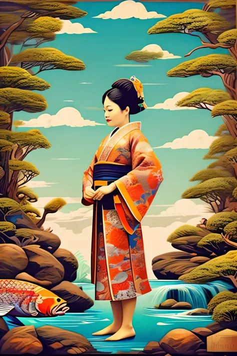 Koi carp dressed in traditional Japanese kimono