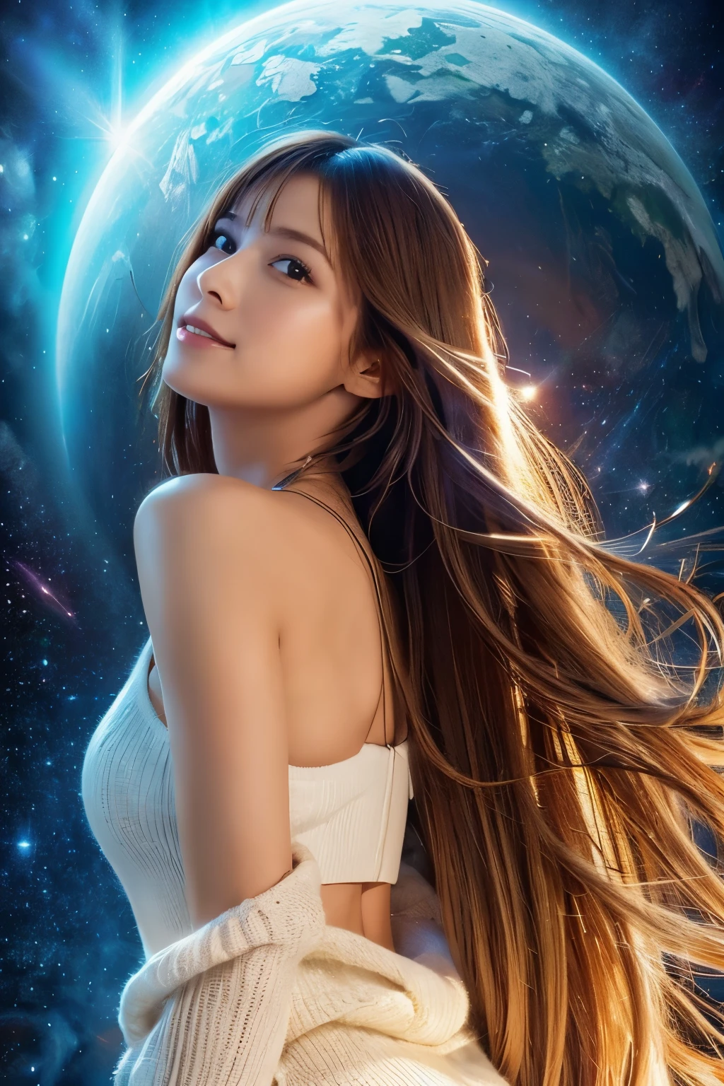 High quality, Best Quality, masutepiece, Detailed portrait of a woman 1 girl, Long hair, (floating, spaces, Galaxy, Colorful), Warm lighting, Goddess, Galaxy, Scenery, Multicolored corollas of hair, {{{Best Quality}}}, {{Ultra-detailed}}, {Illustration}, Cinematic Angle, {Detailed light},Cinematic lighting, celestial, Dynamic Pose