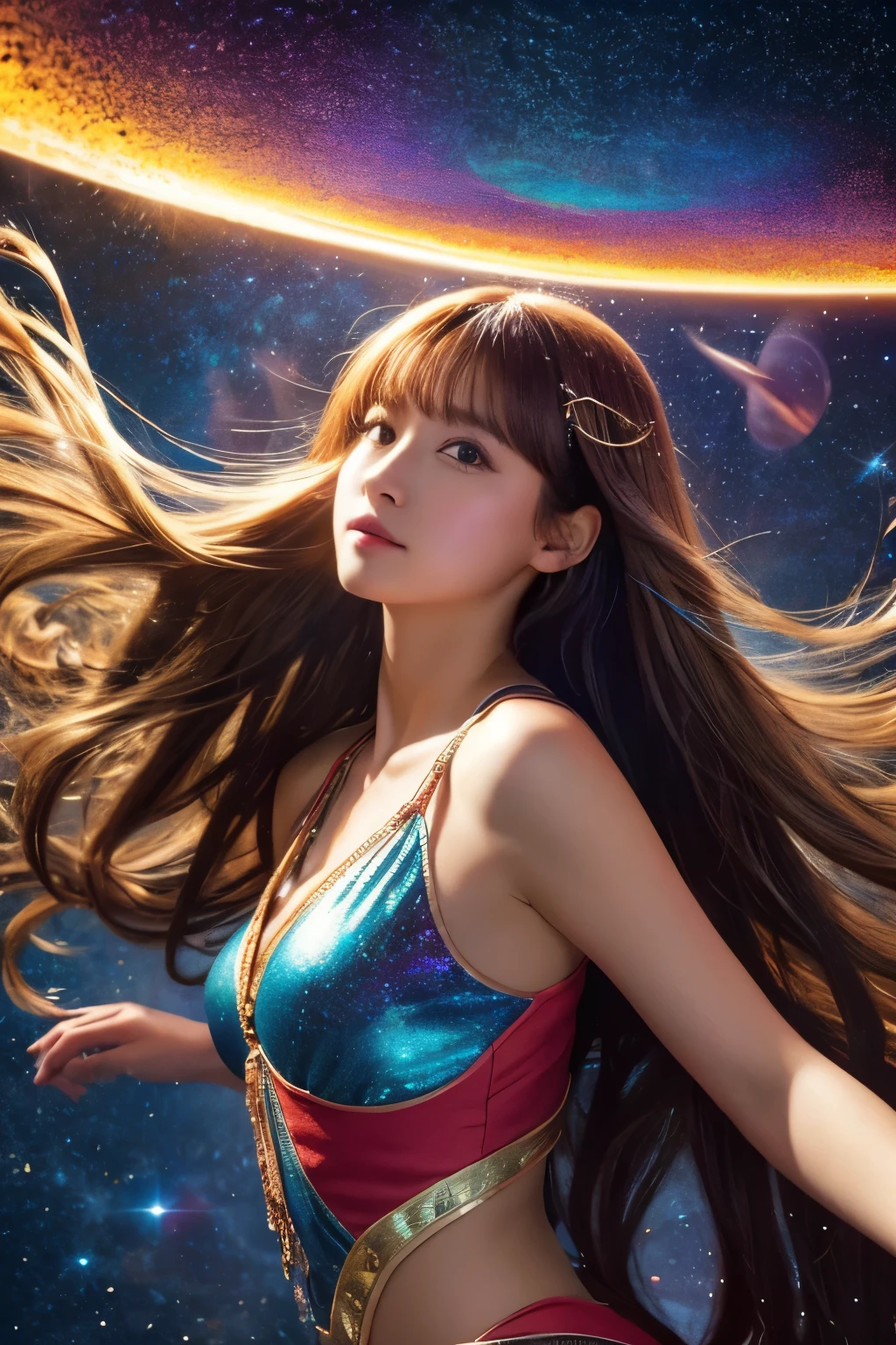 High quality, Best Quality, masutepiece, Detailed portrait of a woman 1 girl, Long hair, (floating, spaces, Galaxy, Colorful), Warm lighting, Goddess, Galaxy, Scenery, Multicolored corollas of hair, {{{Best Quality}}}, {{Ultra-detailed}}, {Illustration}, Cinematic Angle, {Detailed light},Cinematic lighting, celestial, Dynamic Pose